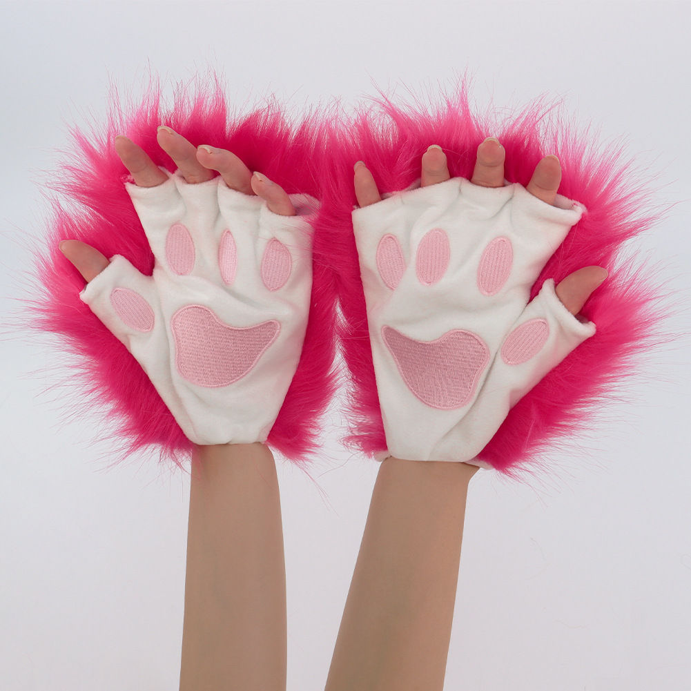 Fuzzy Cat Paw Gloves Halloween Costume Prop Cosplay Wearable Half-Finger Animal Paws Winter Warmth — image 11