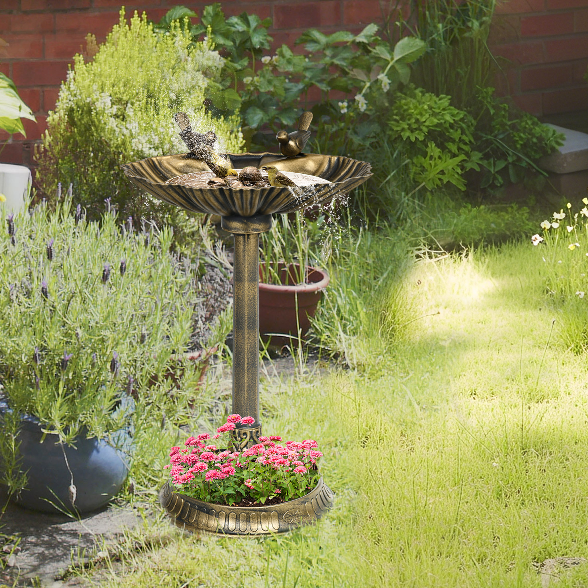 32" Antique Bird Bath Decorative Birdbath Bird Feeder Bowl With Planter Pedestal And Bird Statues, Bronze — imagen 1