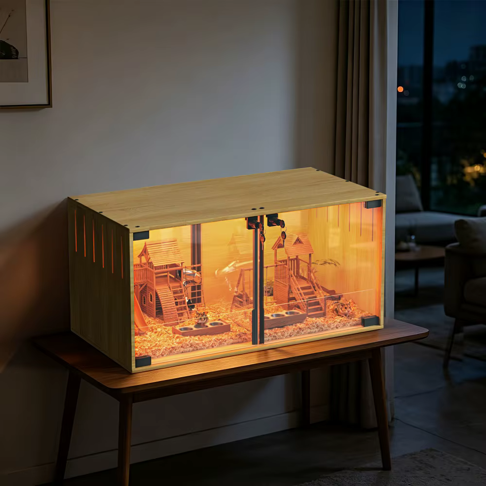 Wooden Hamster Cage Chew-proof Small Animal Habitat Cage with Dual Doors Lock Removable Divider Hedgehogs Enclosure — image 2
