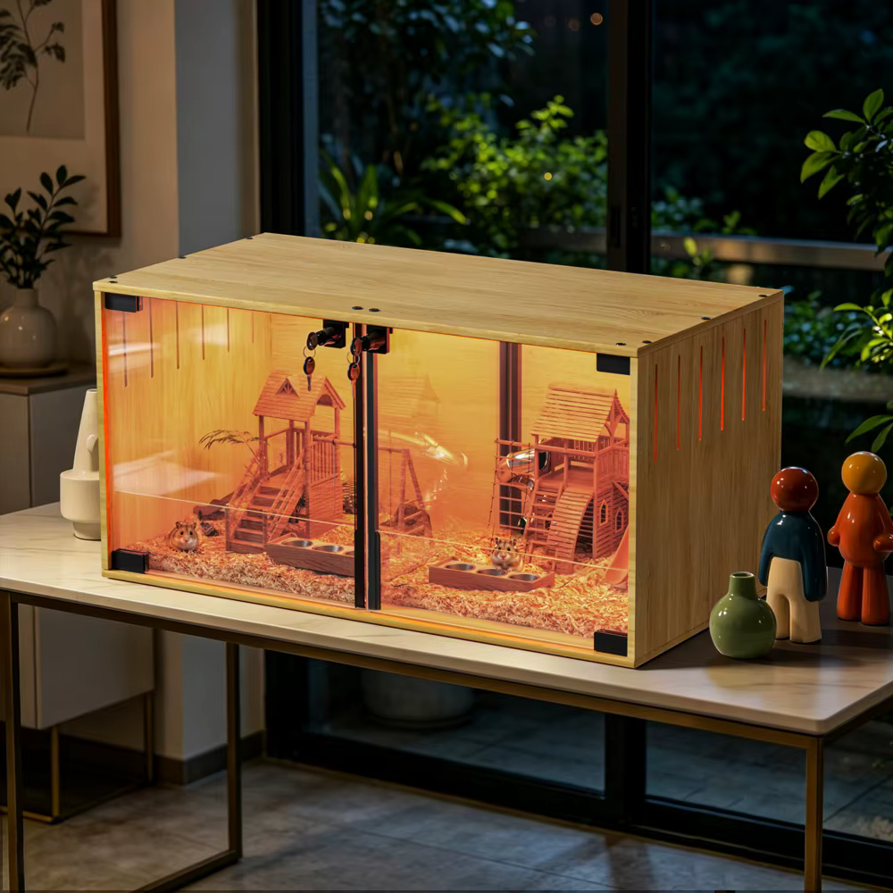 Wooden Hamster Cage Chew-proof Small Animal Habitat Cage with Dual Doors Lock Removable Divider Hedgehogs Enclosure — image 1