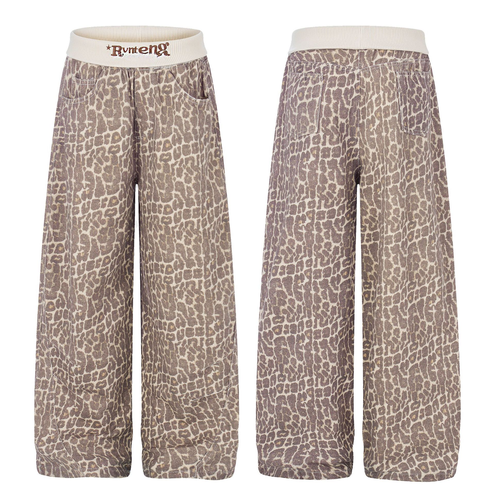 Leopard Print Sweatpants with Contrast Letter Embroidery Elastic Waist Loose Wide Leg Floor-Length Casual Pants — image 5