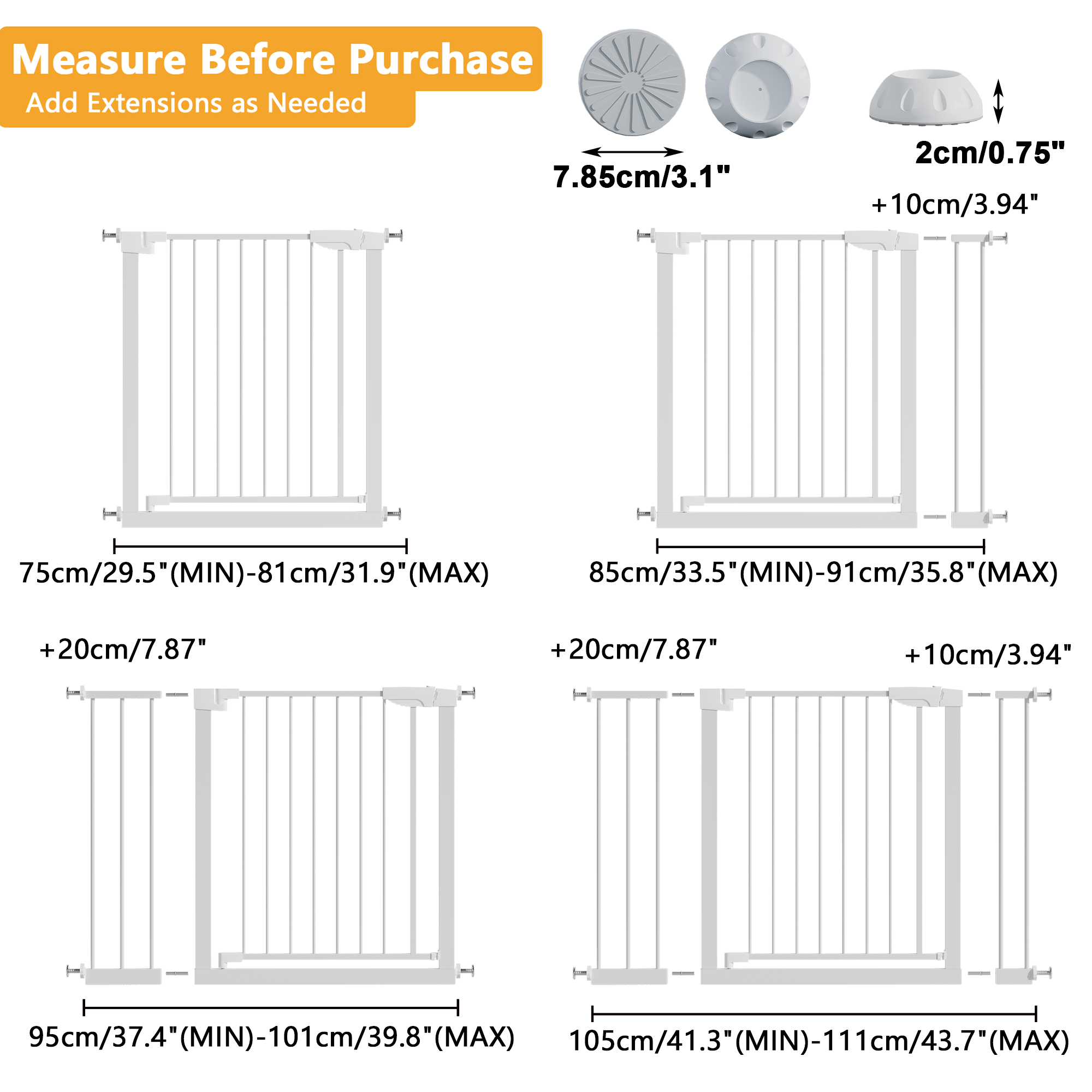 Reja para Bebés Ancha de 29.5-45.3" con Protector de Pared para Escaleras, Reja para Perros de Interior para Puertas, Sin Taladrar, Montaje a Presión, Rejas para Mascotas para Niños, Reja de Seguridad Fácil de Cruzar, Blanca — imagen 3