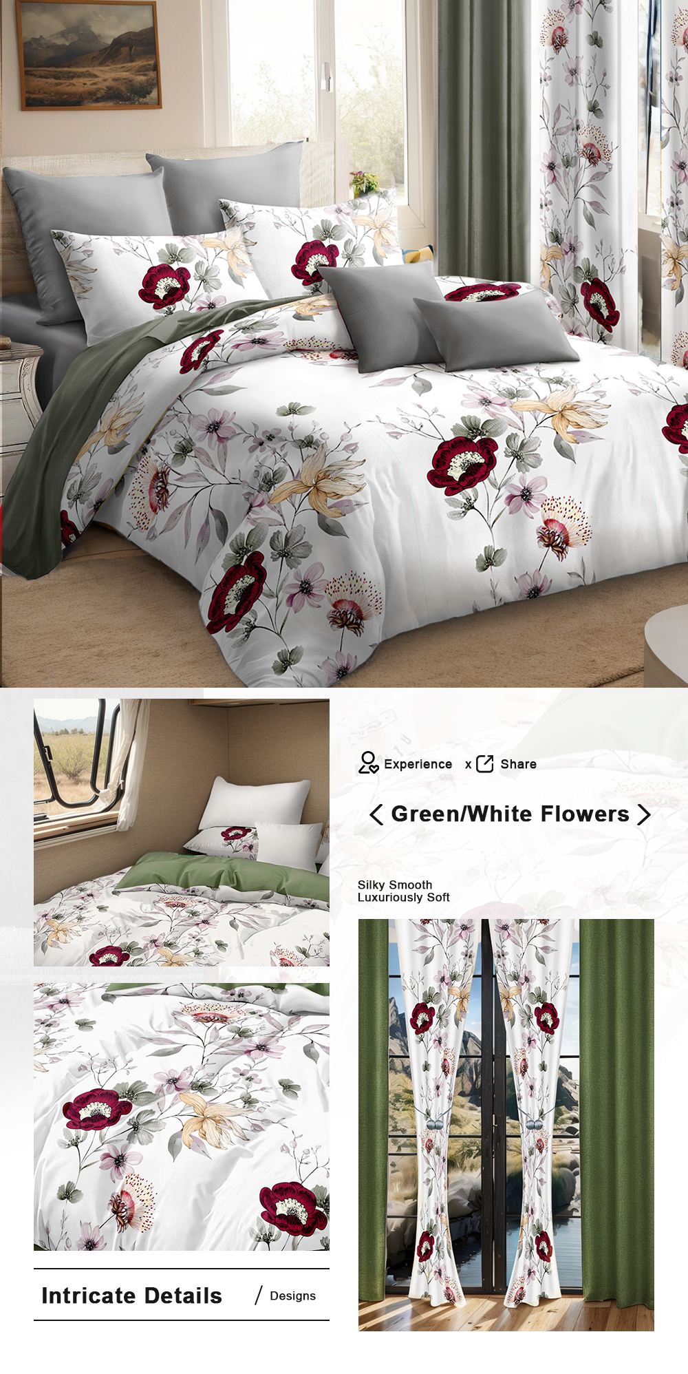Juego de Edredón y Cortinas Room In A Bag de 9 Piezas, Colcha Gruesa con Estampado Botánico Floral Verde Salvia de Diseñador de EE. UU. con 6 Paneles de Cortina Personalizables, Cubrecama de Alto GSM Apto para Mascotas — imagen 2
