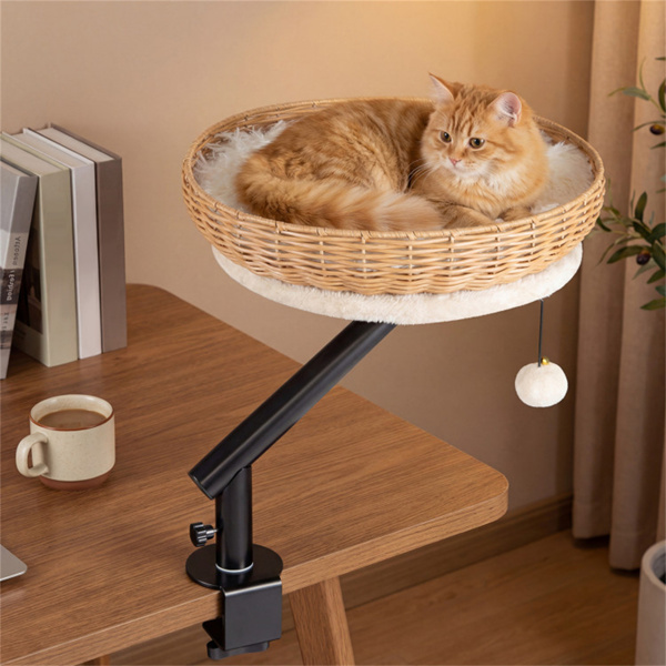Cama-Percha de Escritorio para Gatos Giratoria 360°, Refugio 2 en 1 para Espacio de Trabajo con Pelota de Cascabel, Natural Negro Blanco — imagen 7
