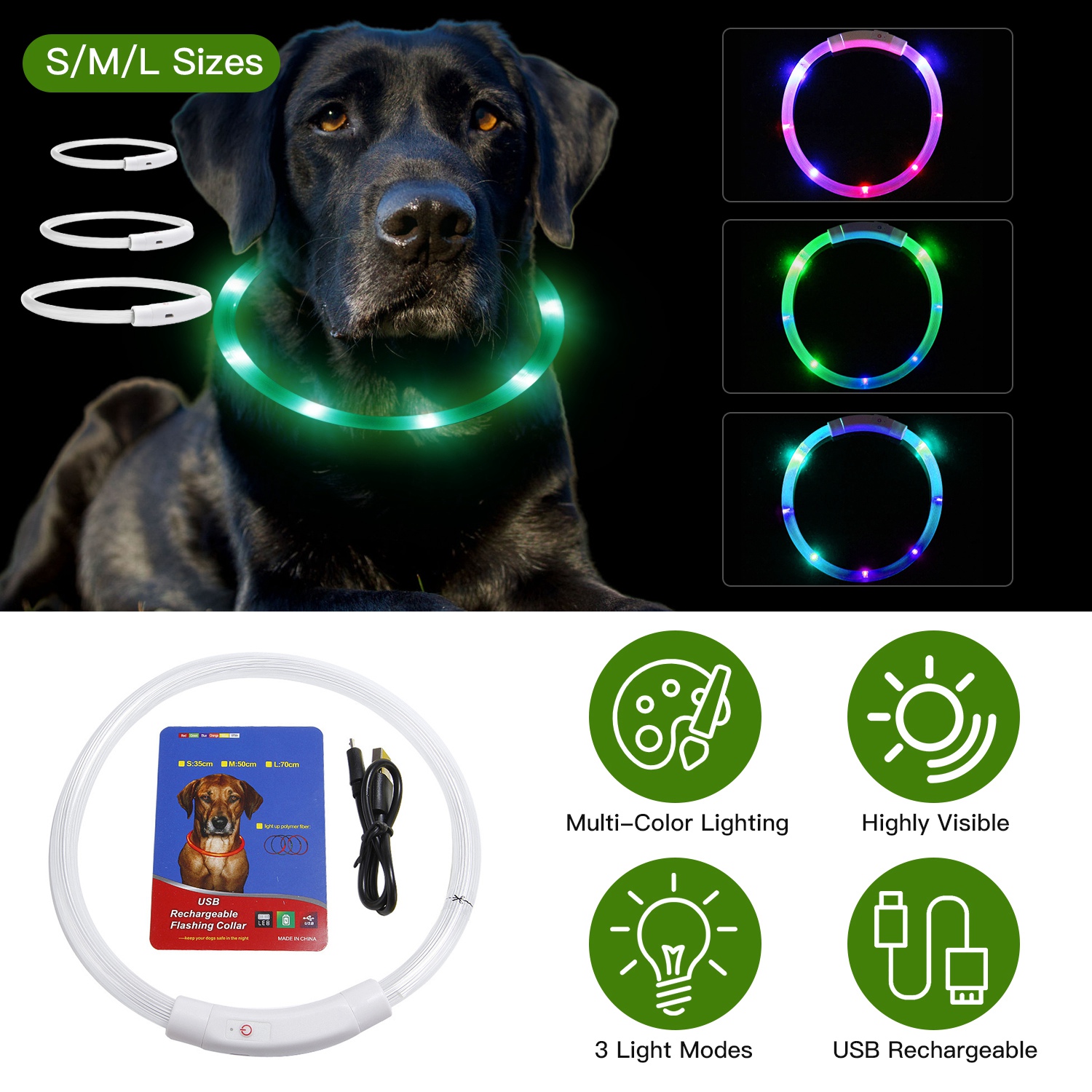 Collar de Perro LED Recargable con Iluminación Multicolor para Caminatas Nocturnas Seguro para Pequeños, Medianos y Grandes Perros — imagen 5