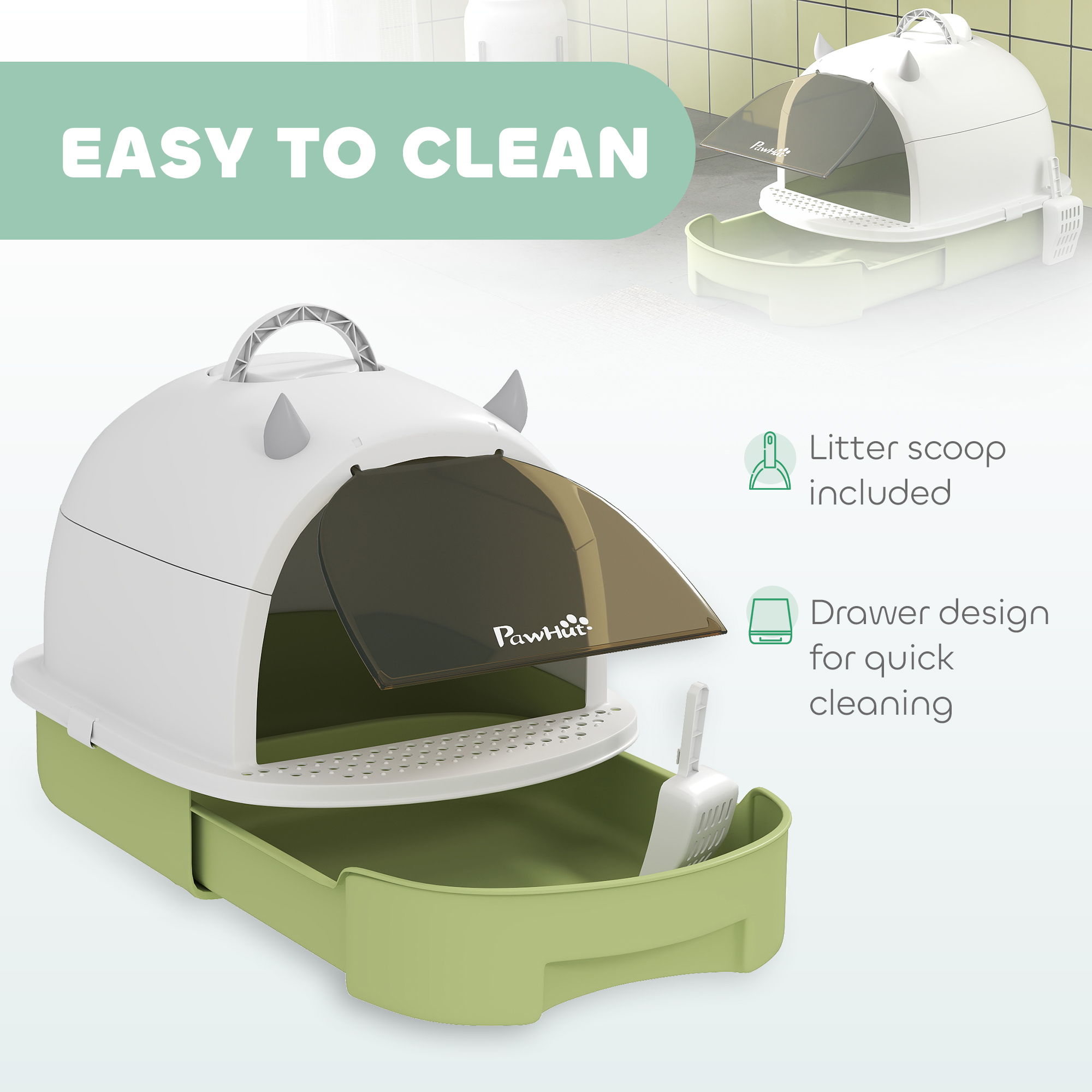 Covered Cat Litter Box With Lid, Scoop, Deodorizing Bags For Odor Control, Privacy, Easy To Clean, Green — imagen 4