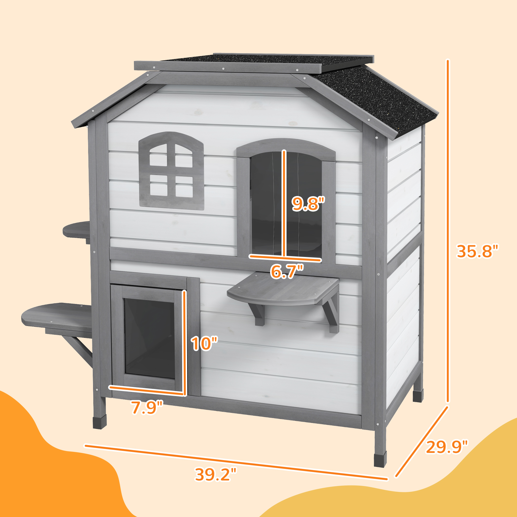 Wooden 2-Story Outdoor Cat House, Feral Cat Shelter Kitten Condo with Openable Asphalt Roof and 4 Platforms, White — image 2