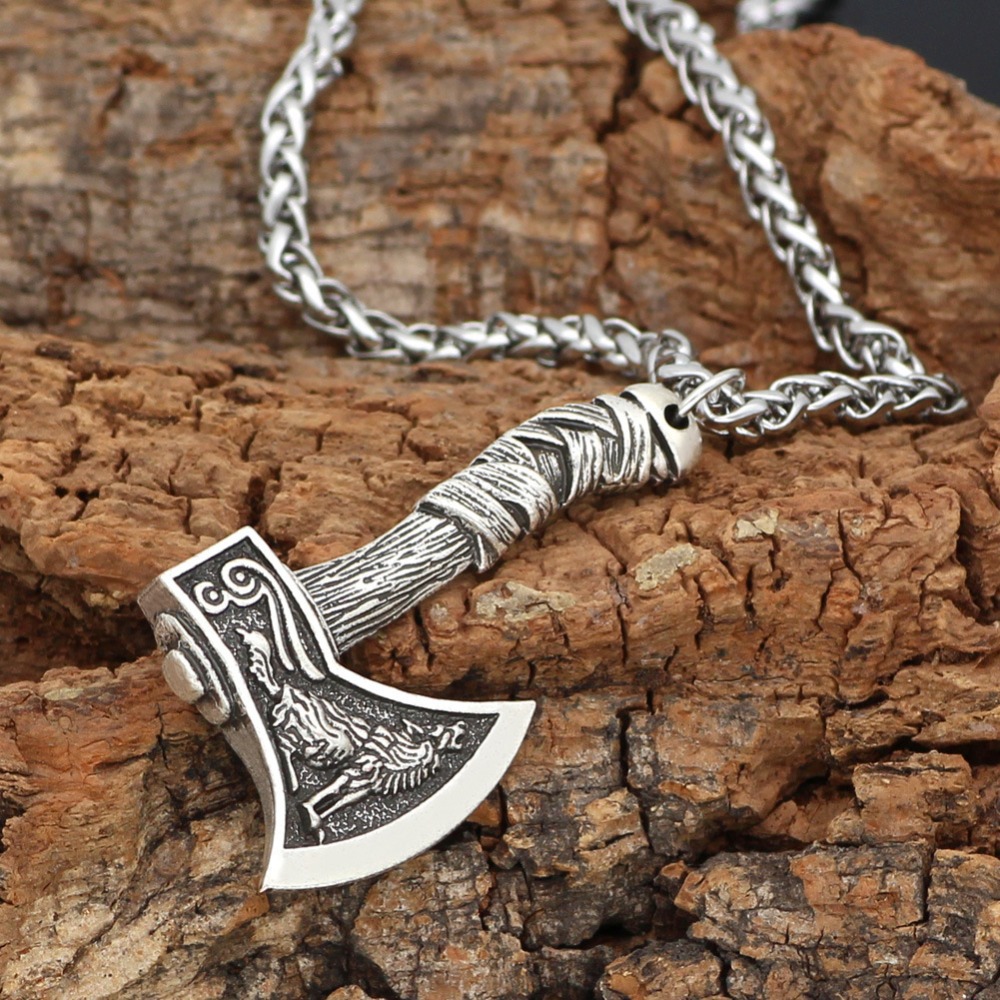 Pulsera de Cinto Vikingo con Lobo y Cuervo en Runas, Pendiente de Hacha Nórdica Joyería — imagen 5