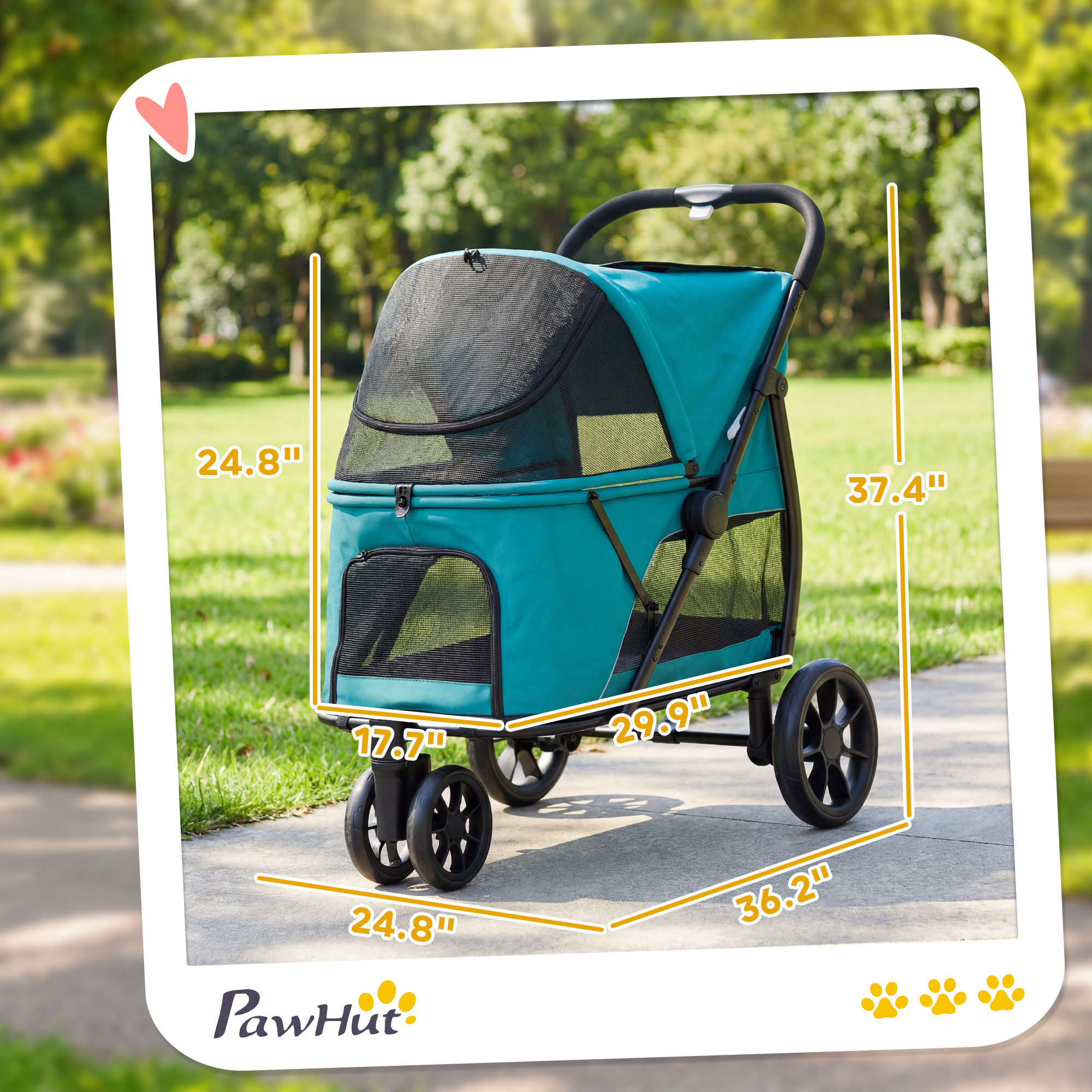 3 Wheel Pet Stroller with Easy One-Click Quick Fold, Mesh Window, Washable Cushion, for Medium Dogs, Dark Green — image 6