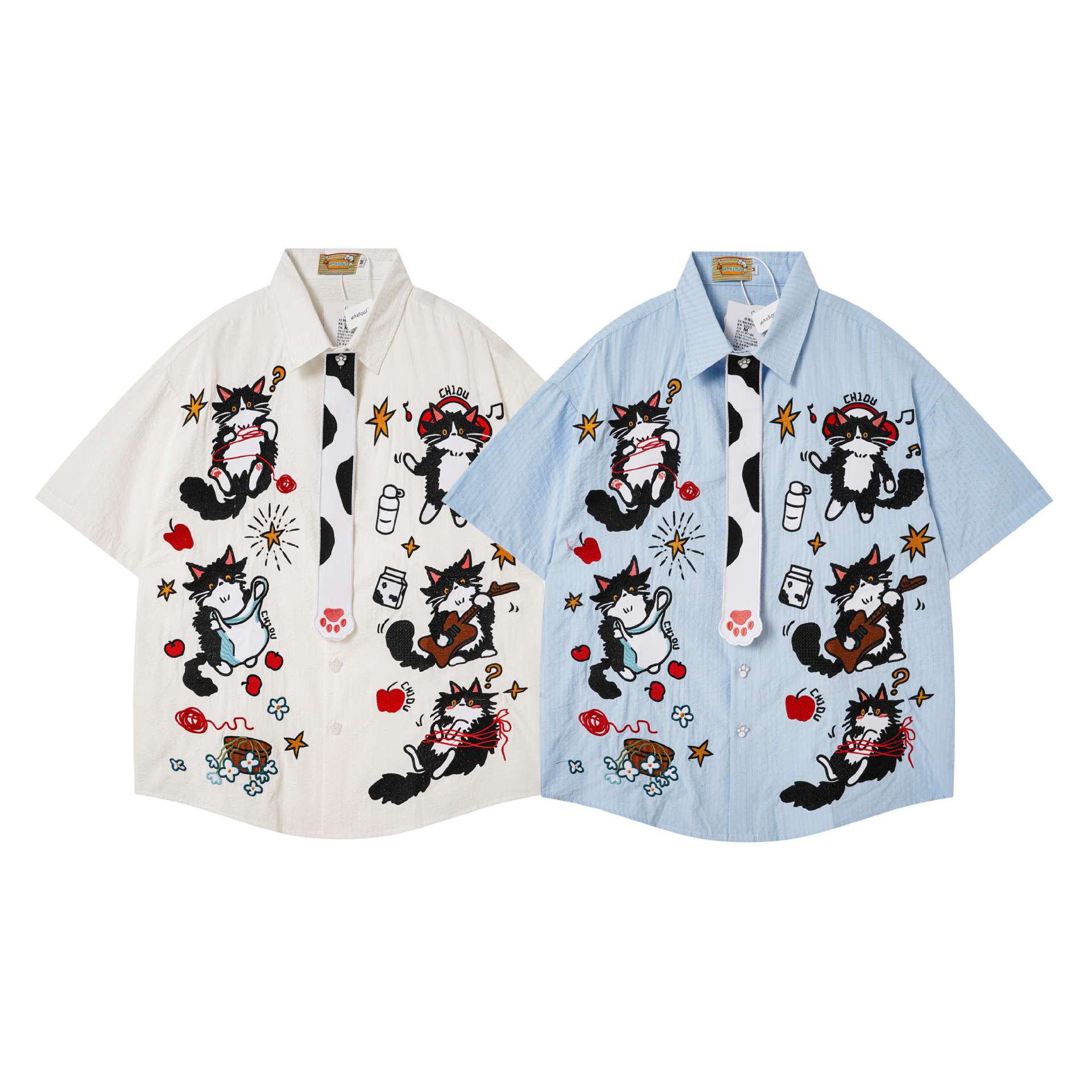 Black and white cat embroidery short sleeved shirt — image 6