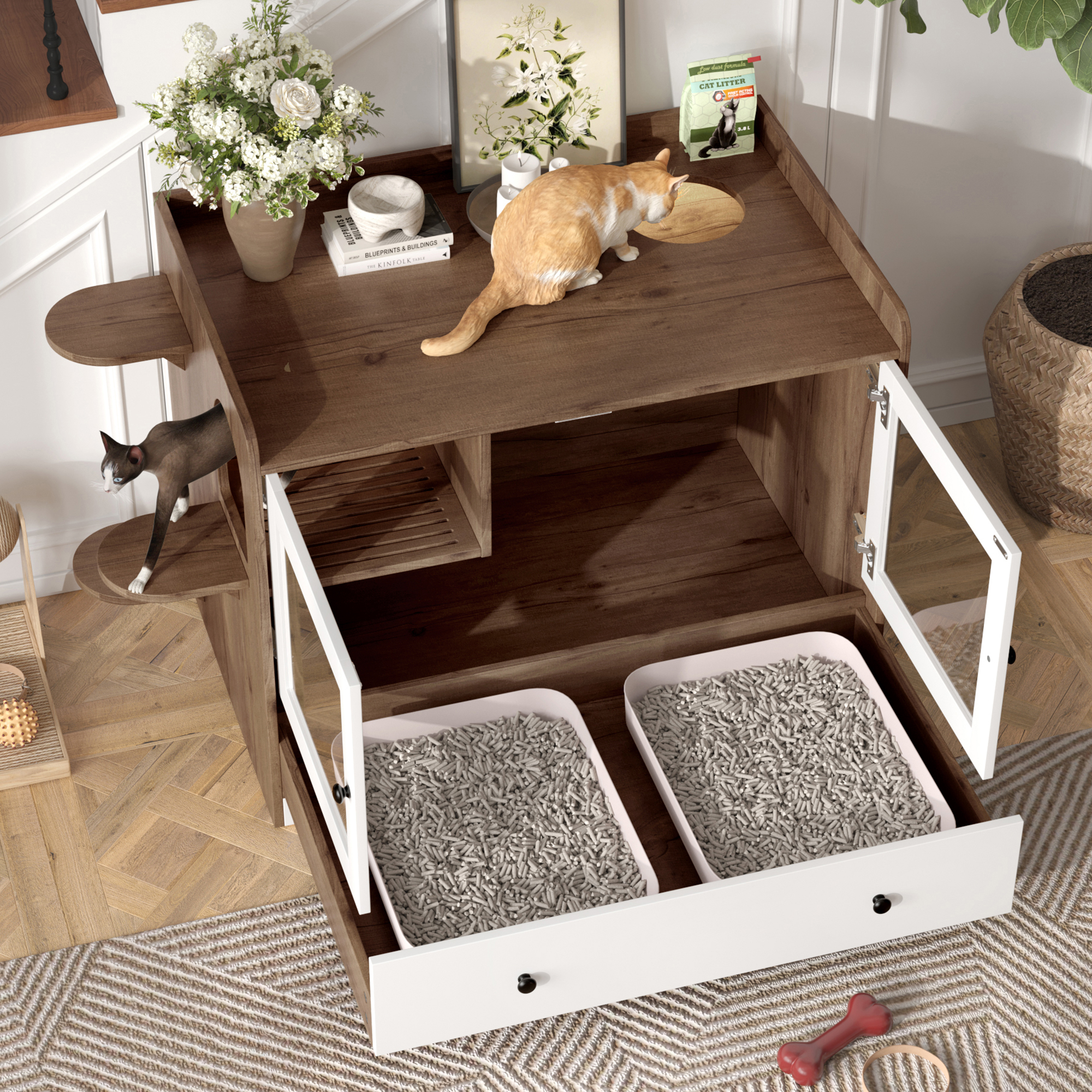 Caja de Limpieza para Gatos Oculta con Escalera y Caja de Muebles, Casa para Gatos con Rincón para Baño en Habitación, Mesa lateral para Salón, Marrón y Blanco — imagen 3