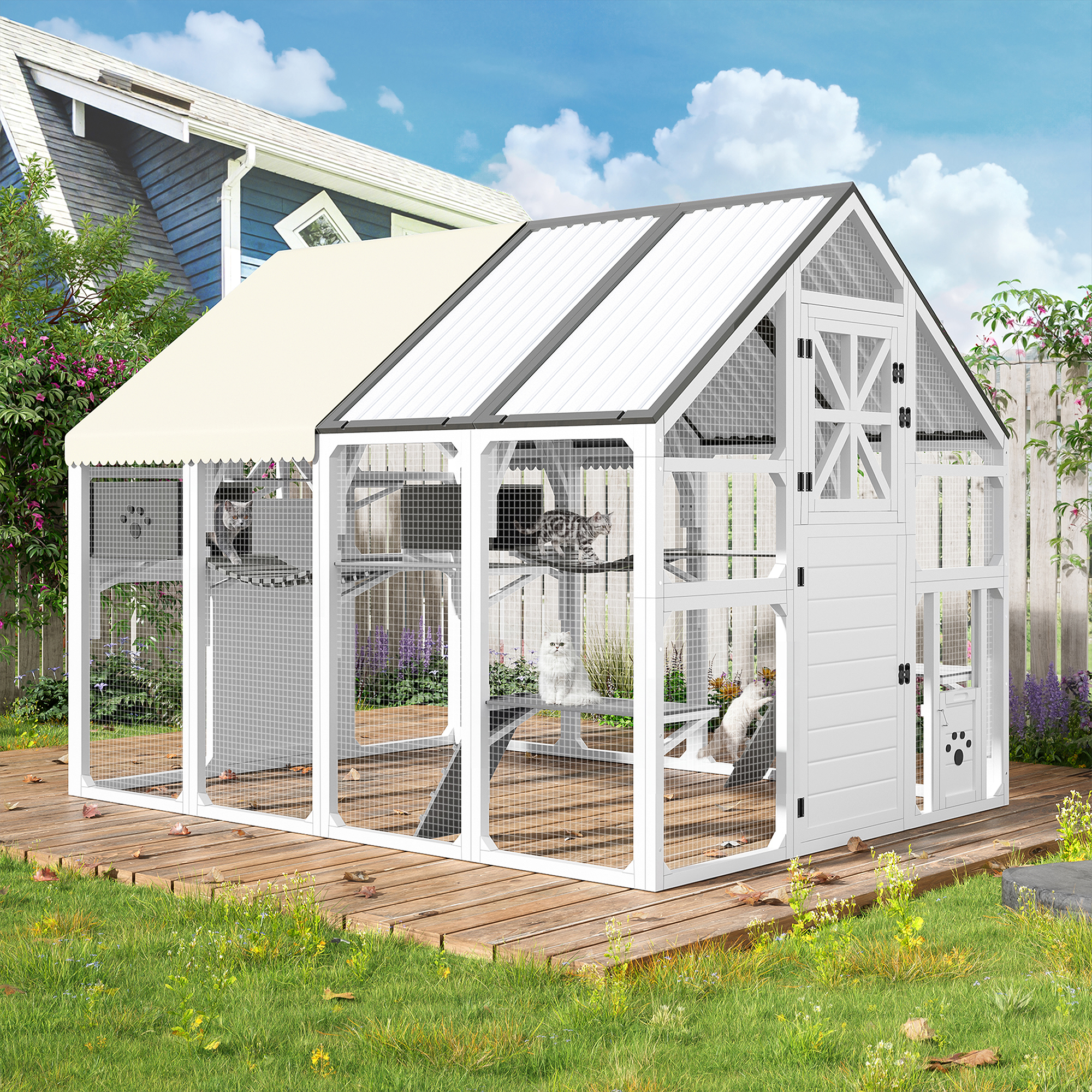Extra Large Catio Outdoor Cat Enclosure, Walk-in Outdoor Pet House For Multiple Cats, Catio Cat Run Cage With Bridges, PVC Roof, Weatherproof Cover, 8 Platforms, 2 Resting Box, White And Grey — image 2