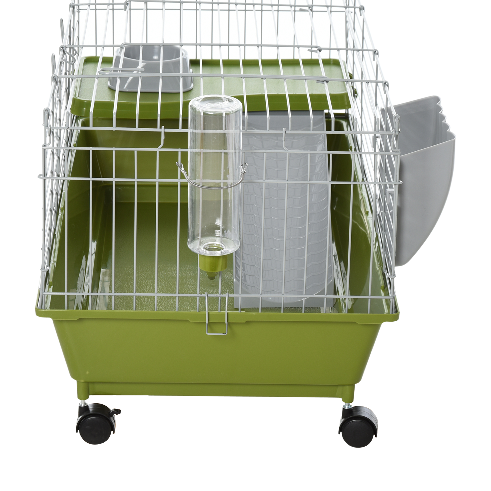 Jaula Grande para Animales Pequeños con Ruedas, Jaula para Conejo y Cuyo con Plato de Comida, Botella de Agua, Comedero de Heno, Plataforma y Rampa para Chinchilla, Verde — imagen 8