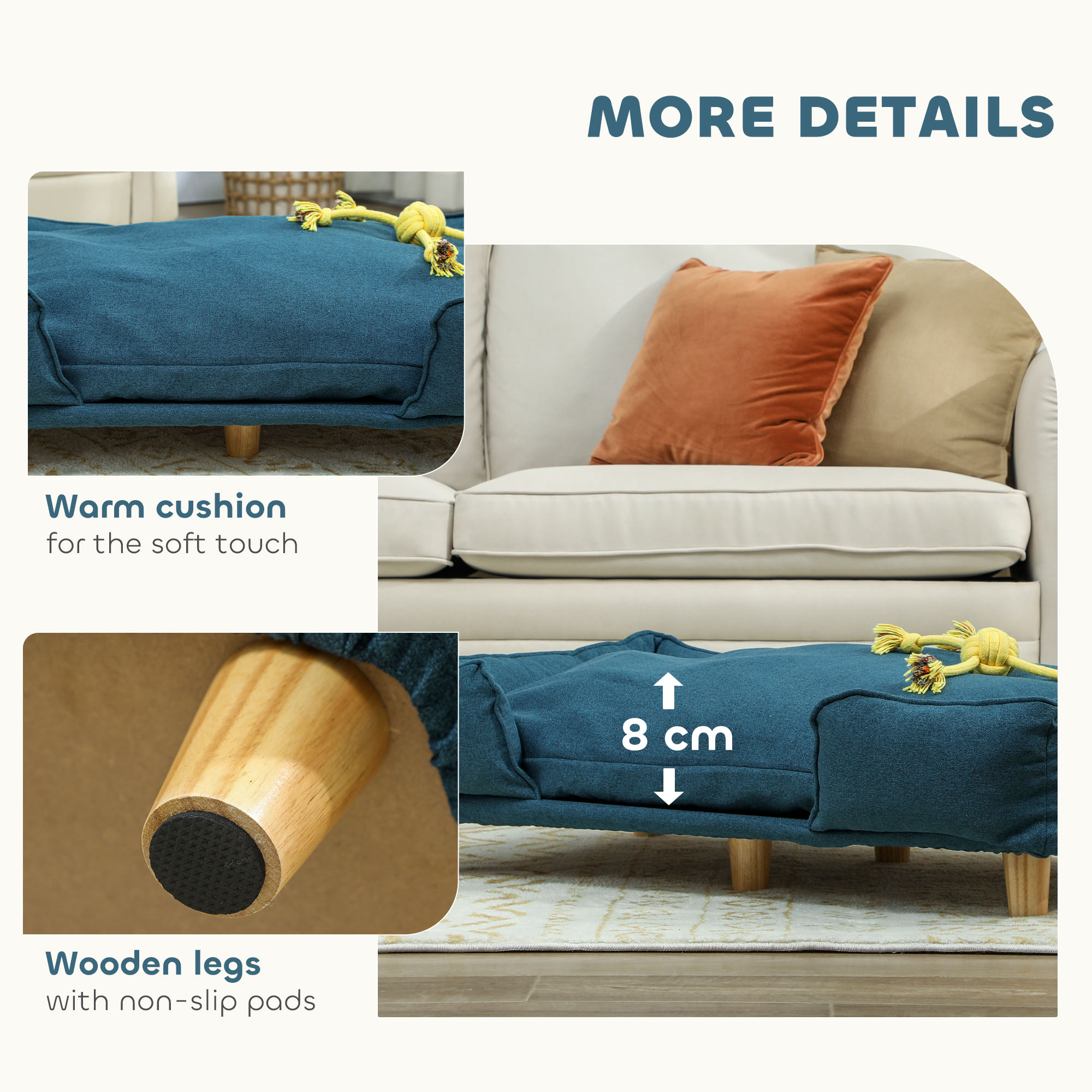 Silla de Perro Elevada con Almohadilla Cómoda, Patas de Madera de Pino, Piezas Antideslizantes para Perros Grandes Uso Interior Azul Oscuro — imagen 3