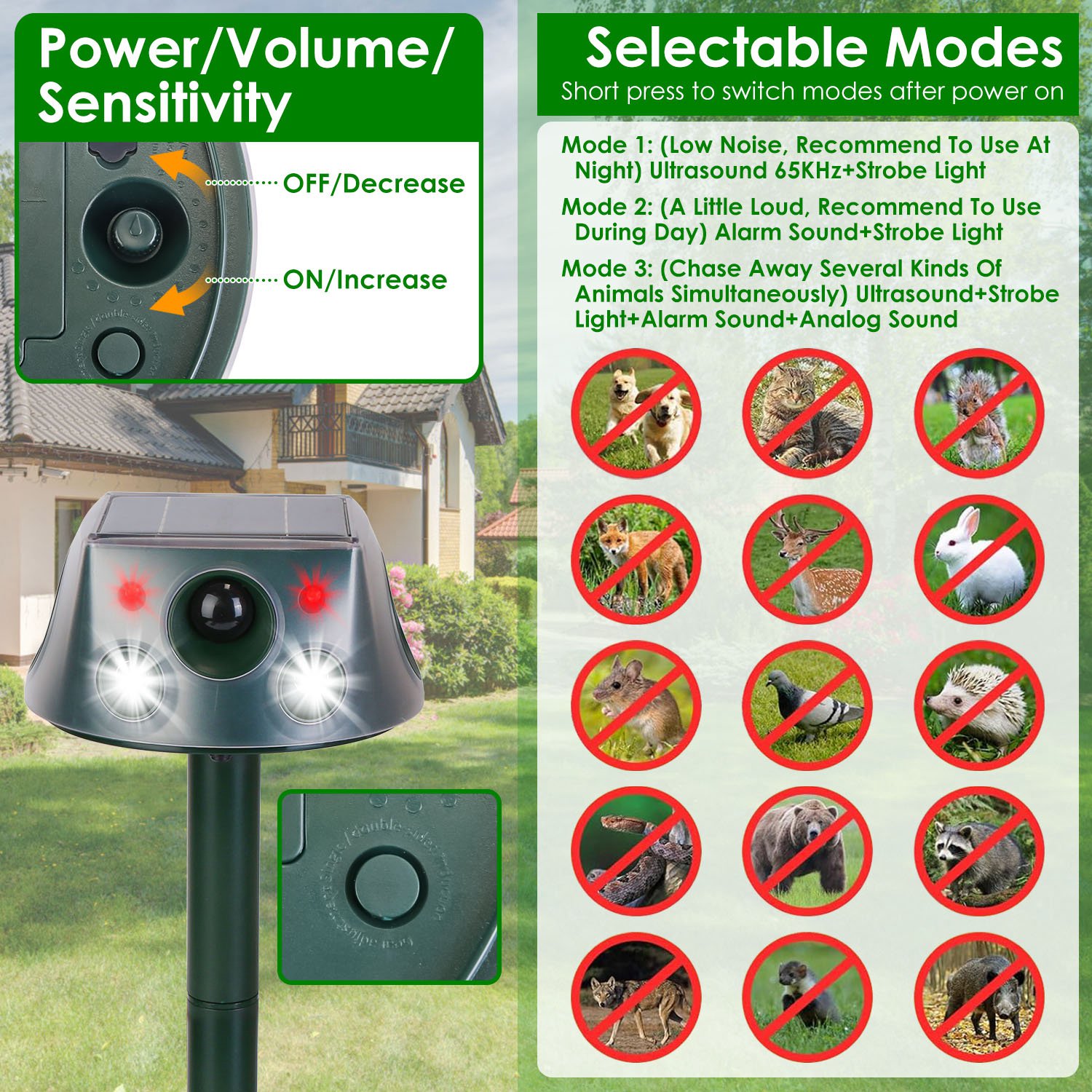 Repelente Solar y Recargable de Animales - 3 Modos, Ultrasonido, Buzer y Vibración, IP66, 2200mAh — imagen 13