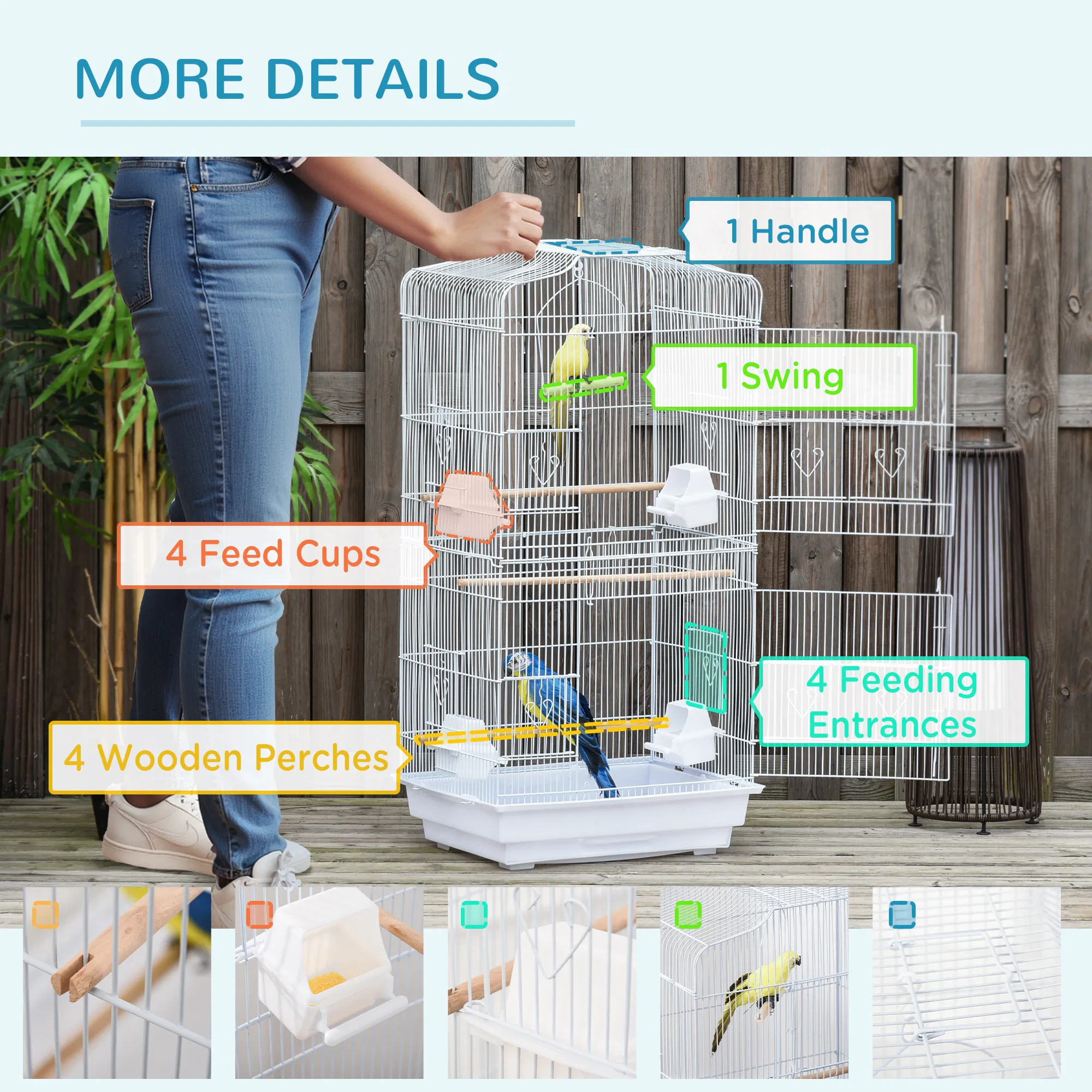 36" Bird Cage, Macaw Play House, Cockatoo, Parrot, Finch Flight Cage, 2 Doors, Perch 4 Feeder Pet Supplies, White — image 3