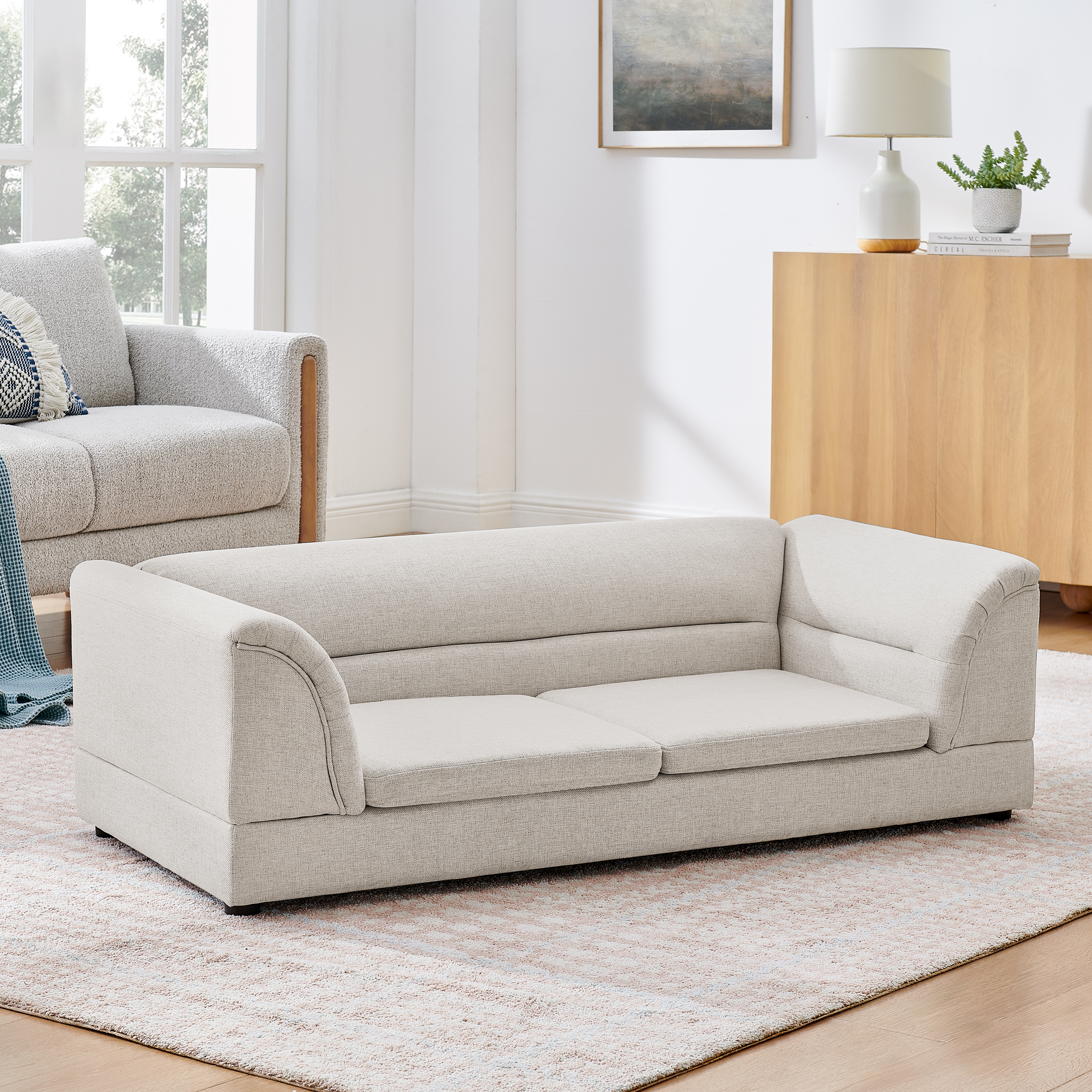 Silla de Comodidad para Mascotas Grande, Sofá Rectangular con Brazo Curvo en Tela de Lino para Perros Grandes - Beige — imagen 5