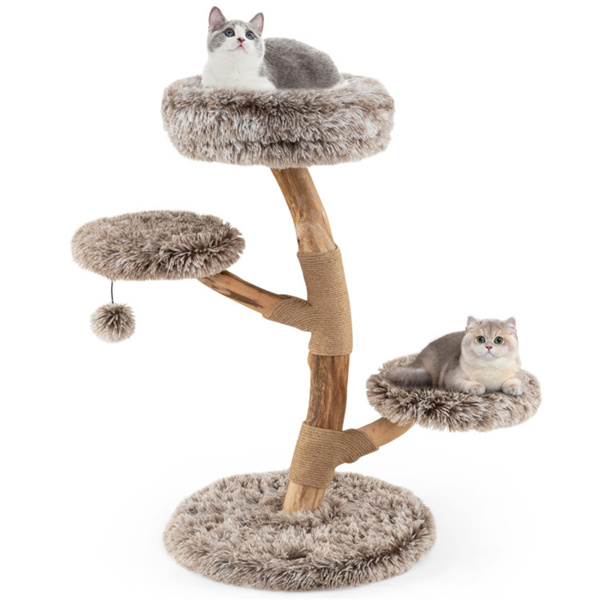 Árbol de Gato Multinivel en Madera de Perejil Natural, Postes de Rasguñado de Sisal, Pelotas Plumas y Tela Larga — imagen 1