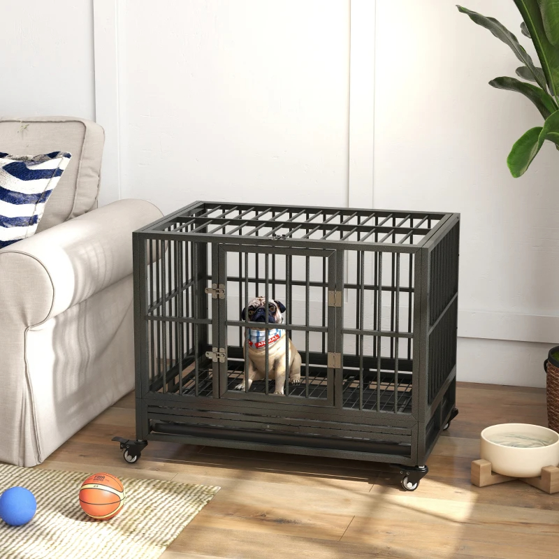 Heavy Duty Dog Crate Metal Cage Kennel With Lockable Wheels, Double Door And Removable Tray, Gray — imagen 9