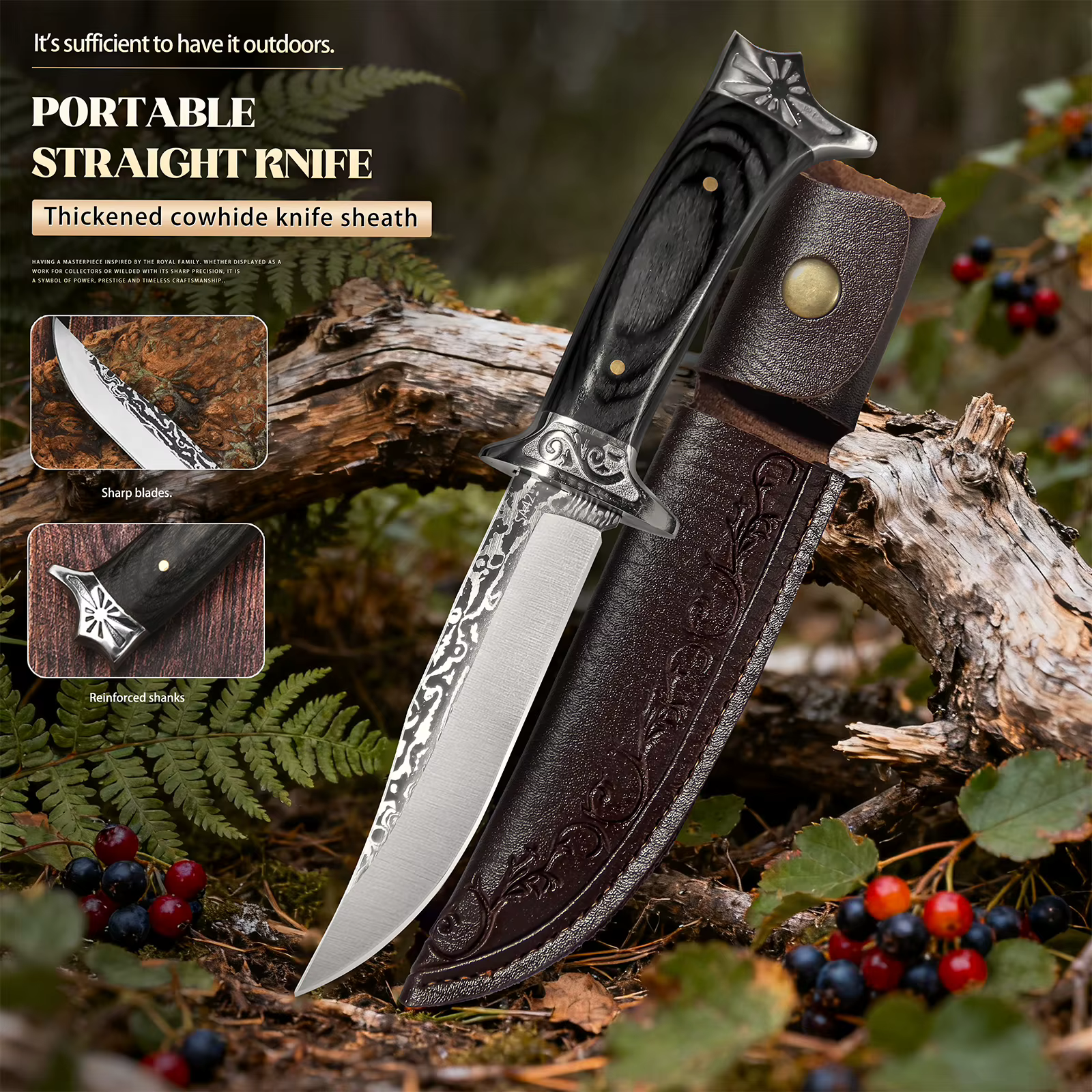 Fixed Blade Hunting Knife with Leather Sheath Wood Handle Outdoor Camping Utility Knife Bowie Style Gift for Men — image 4
