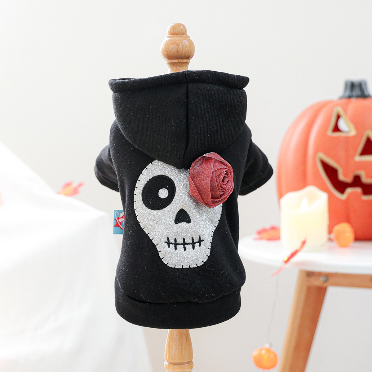 Pet Clothes for Small Dogs and Puppies, Dark Style Festival Outfit, Silver Skull Halloween Hoodie — image 6