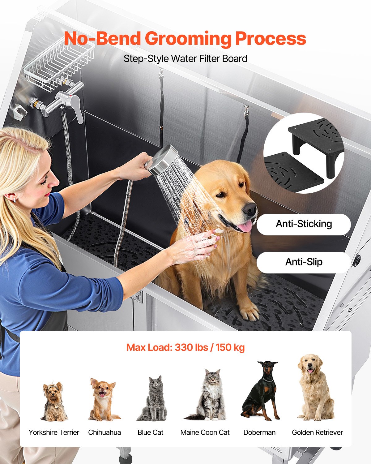 Tina de Baño para Aseo Canino de Acero Inoxidable con Rampa y Filtro de Agua, Izquierda — imagen 10