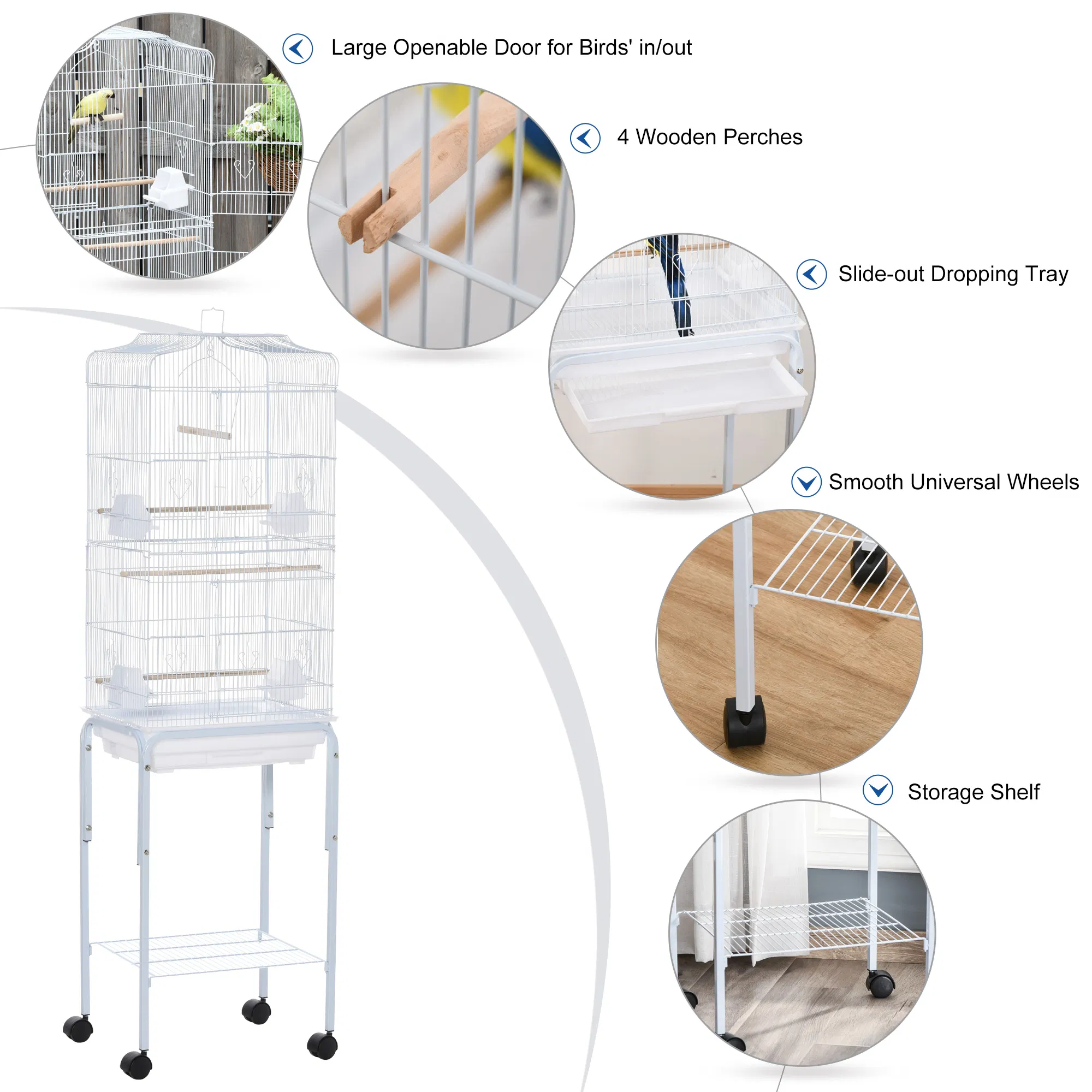 62" Rolling Bird Cage Cockatoo House Play Top Finch Pet Supply with Storage Shelf, Wheels - White — image 3