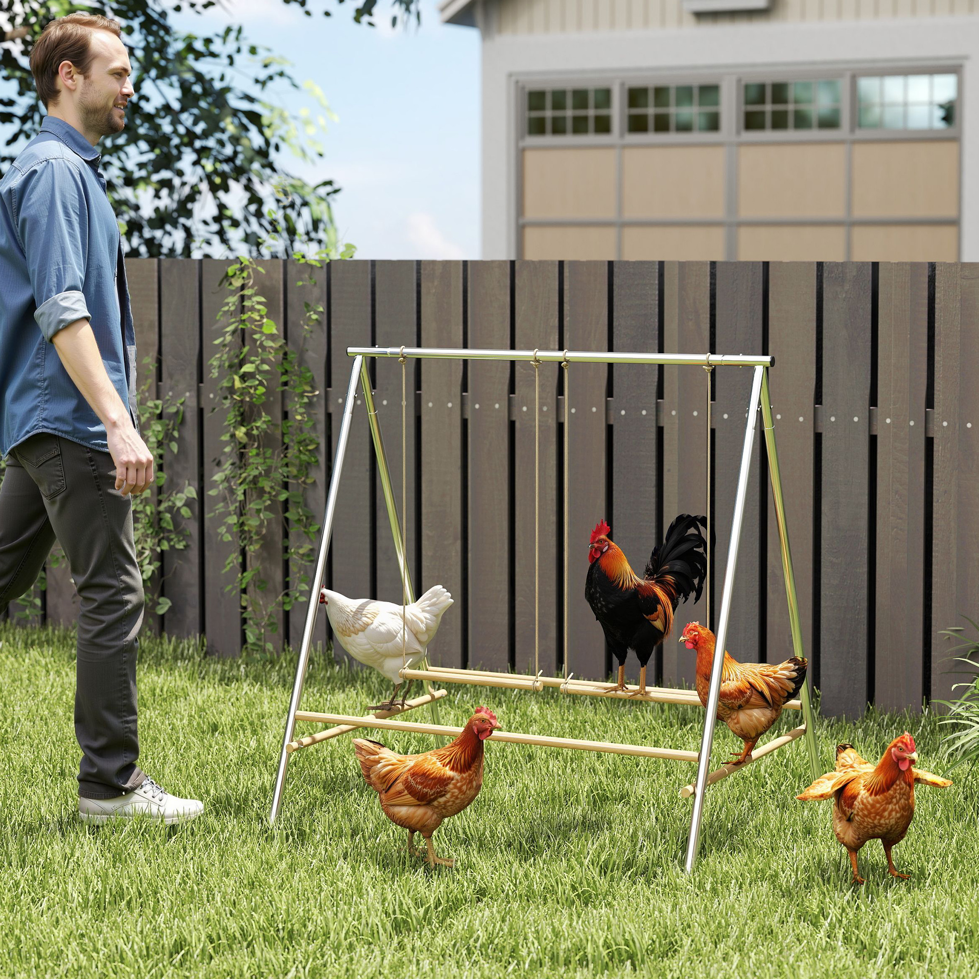 Percha para Pollos - Barra de Descanso con 2 Sillas de Balance, Accesorios para Gallinero — imagen 4