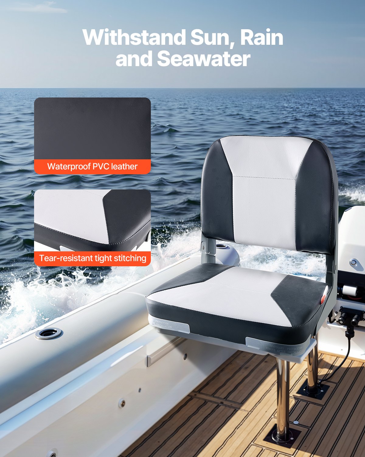 Boat Seat, Low Backrest, Folding Fishing Boat Seat With Thickened Sponge Cushion & Waterproof PVC Leather, Aluminum Alloy Hinges, Flip Up Boat Seat For Fishing Boats, Yachts, Ships, Black & Grey — imagen 2