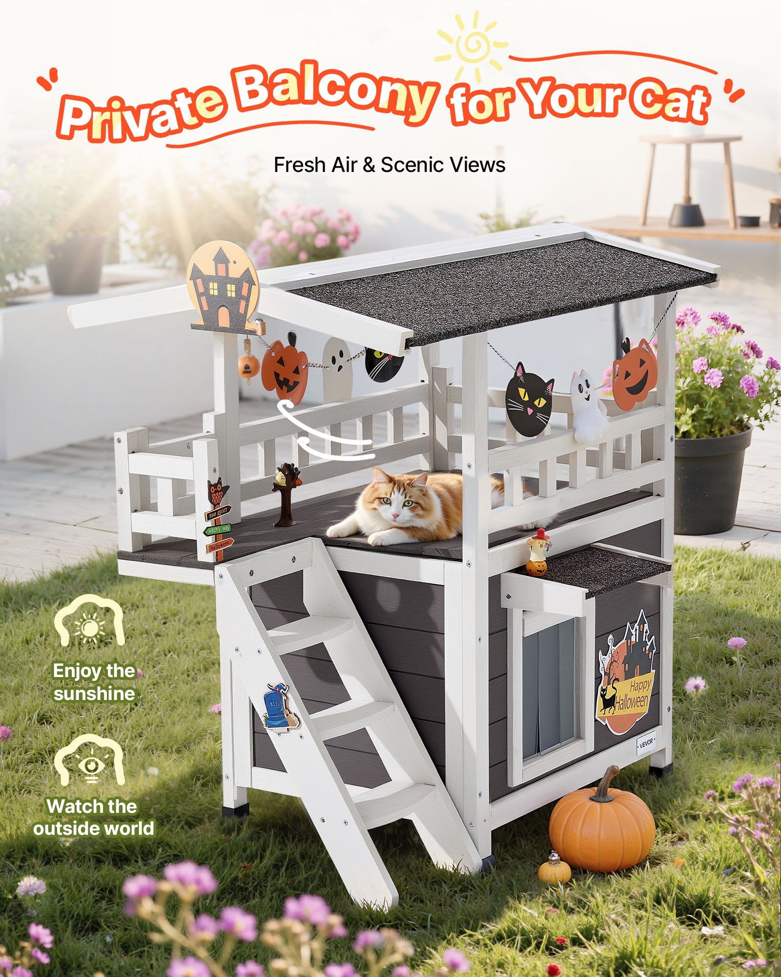 Casa de Gatos al Aire Libre, 2 Niveles, Refugio de Madera para Gatos Ferales con Escaleras y Balcón, Almacén Elevado para Gatos Domésticos e Indomesticados en Invierno, 30 x 22 x 30 Pulgadas — imagen 4