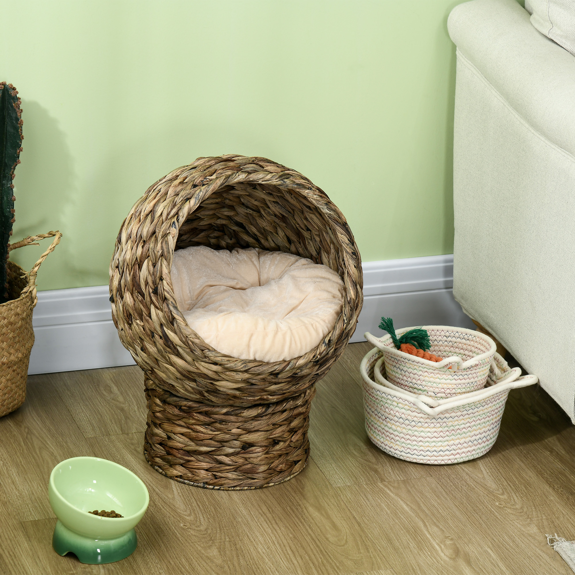Caja de Sueño para Gatos Tejida a Mano con Almohada Suave y Forma de Silla de Huevo, Casa para Gatos en Redes Elevada con Soporte, 20" de Alto, Gris — imagen 2