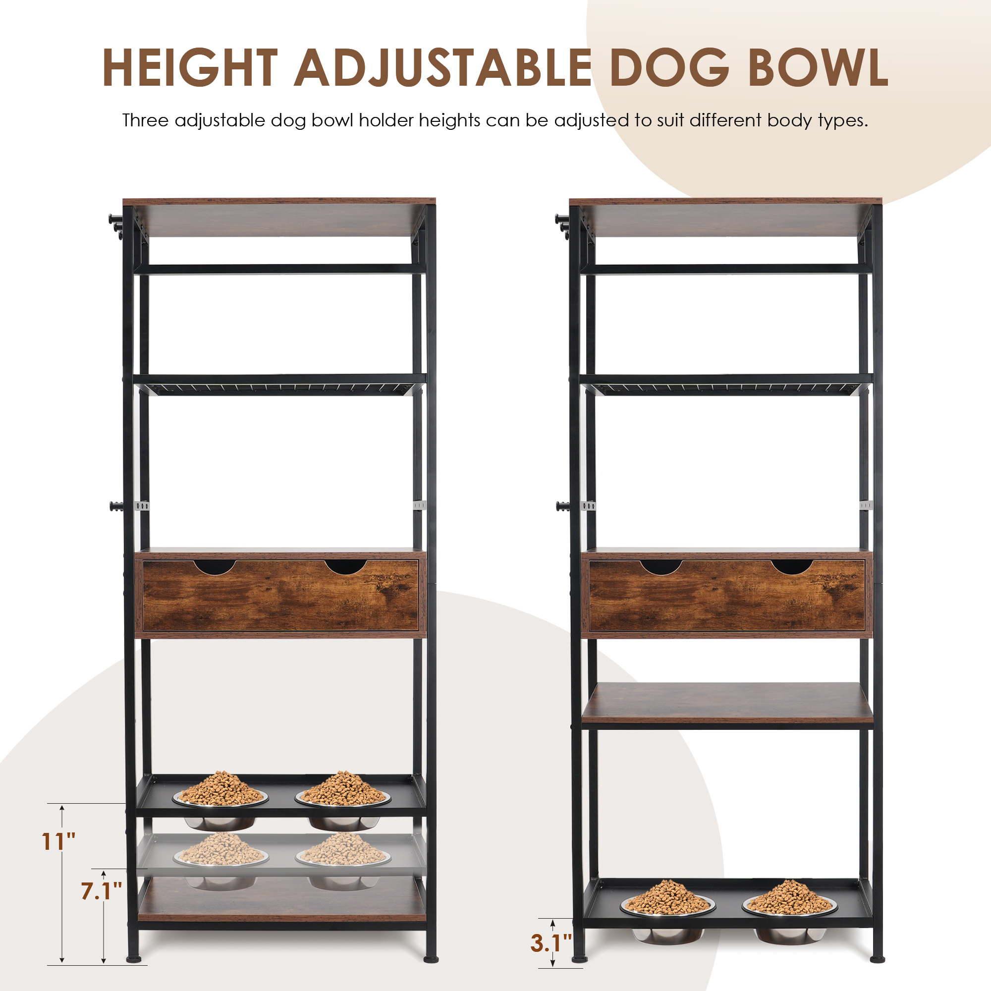 Estación de Alimentación para Perros, 3 Alturas Ajustables de Tazas Elevadas para Perros y Gatos Grandes y Medianos, Almacenamiento con Estantes — imagen 2