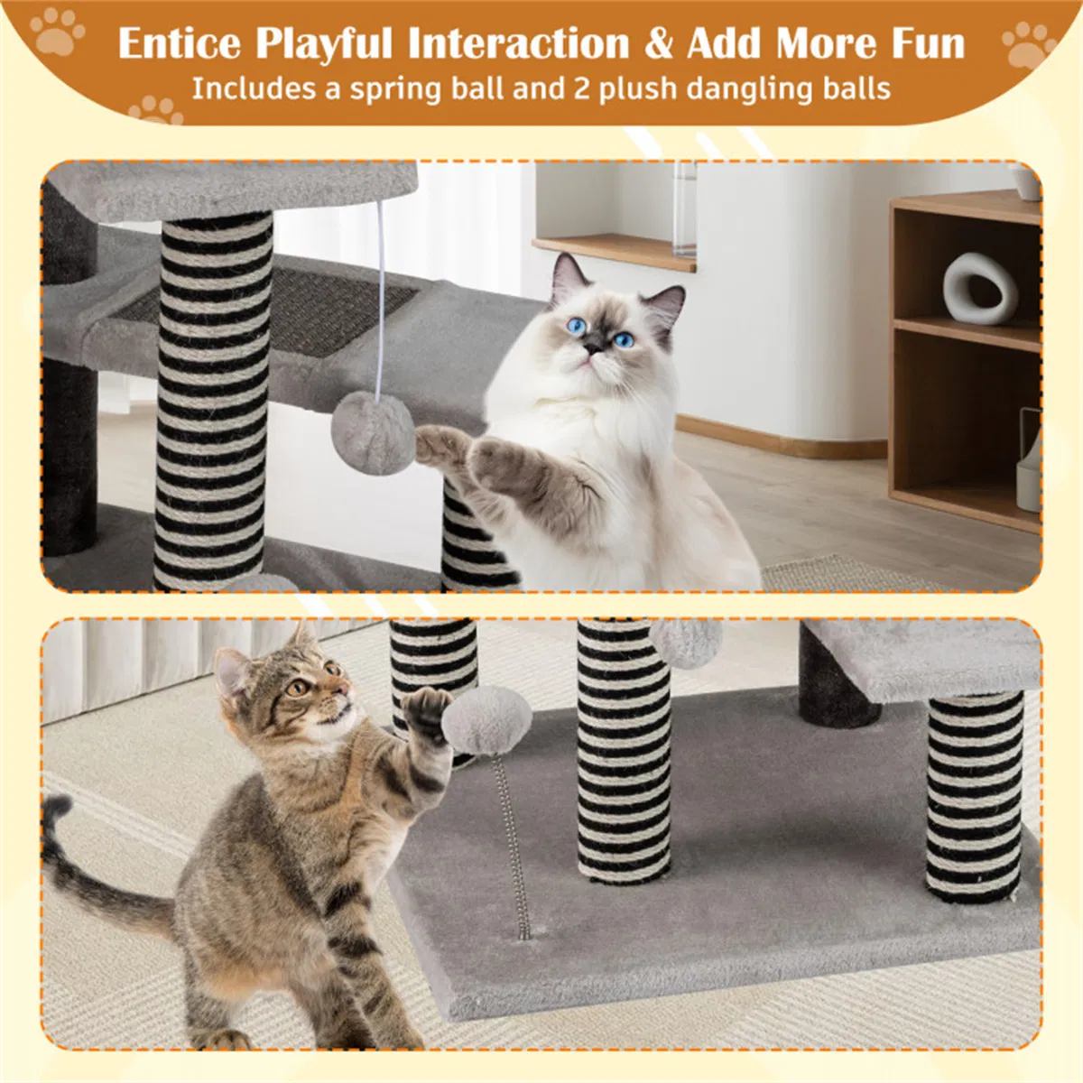 37" tall Cat Stairs with Scratching Mats - 3-Tier Perches, Spring Ball & Dangling Toys for Cats — image 5