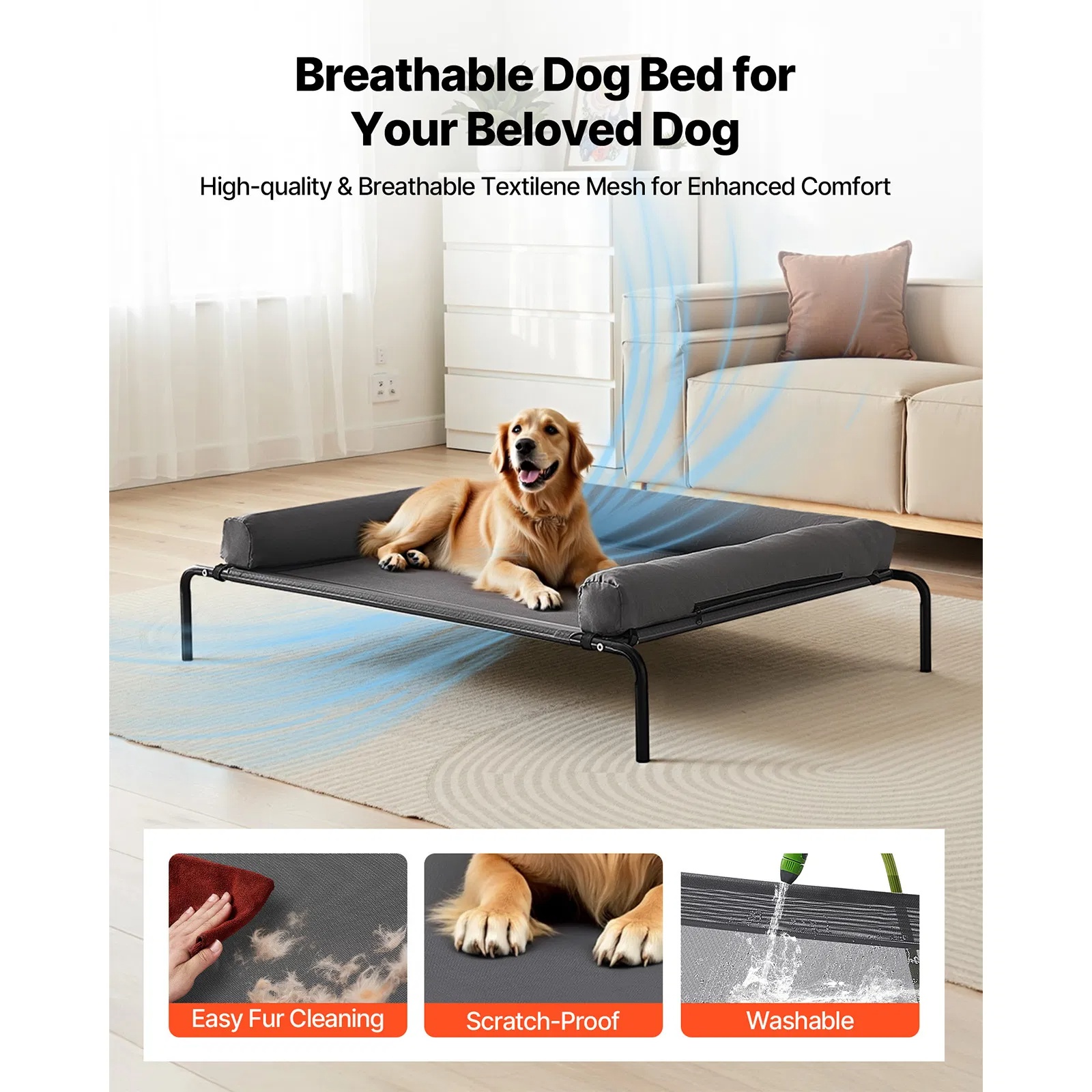 Cama para Perros Elevada XL para Grandes Razas, Cama para Perros con Almohada Lavable y Estructura de Acero Resistentísima, Ventilación para Perros Calientes, Malla Teslin Transpirable, Gris — imagen 8