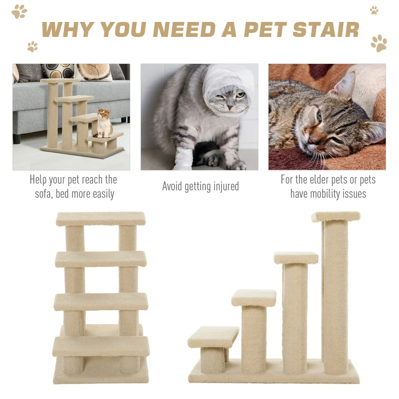 Rascador para Gatos de 4 Escalones y Múltiples Niveles Enmoquetado, Escalera para Mascotas, Blanco Crema — imagen 3