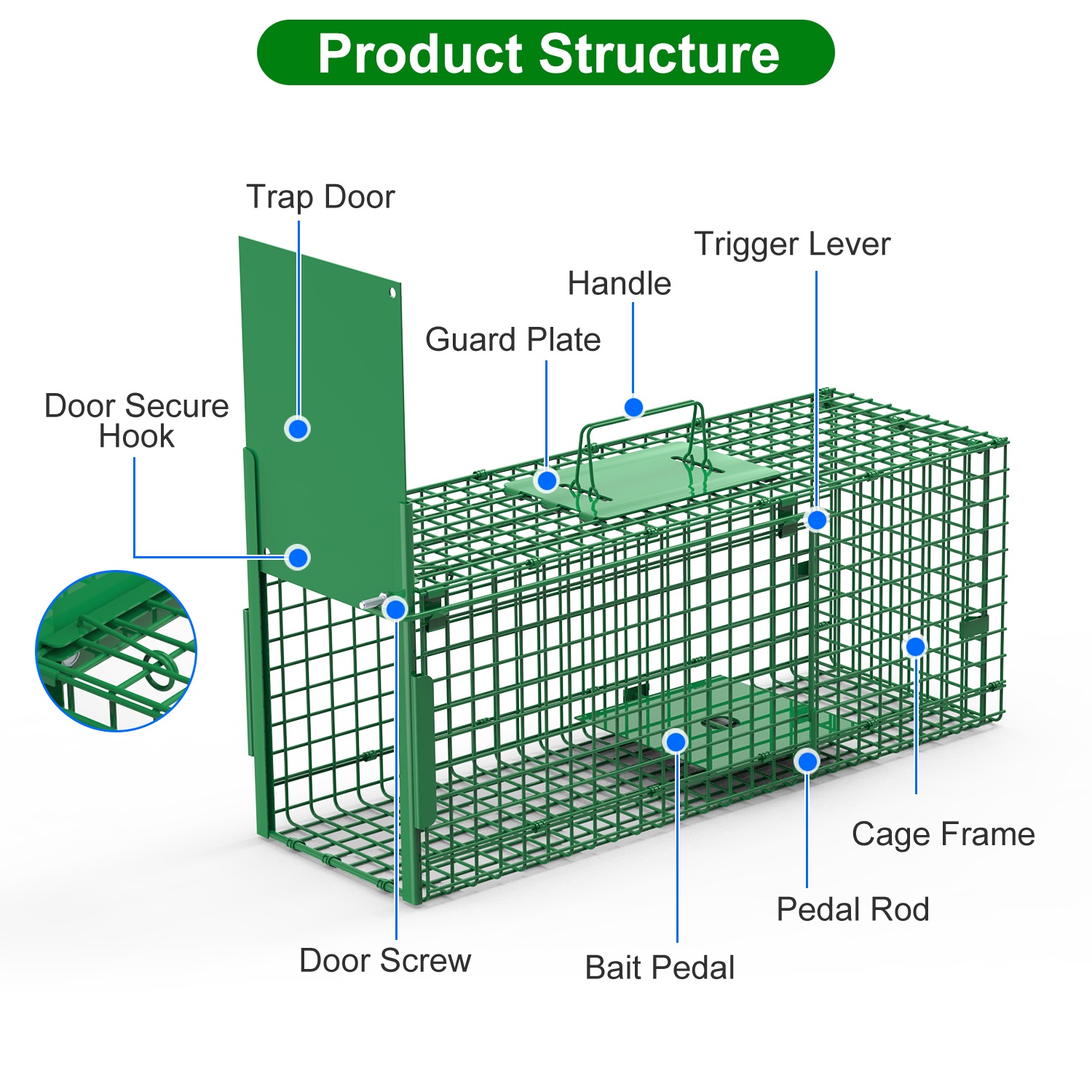 Live Animal Cage Trap For Animals Humane Galvanized Iron Trap Cage For Raccoons Armadillos Foxes Opossums Muskrats Beavers 26in 32in 40in Size Options Green — image 14