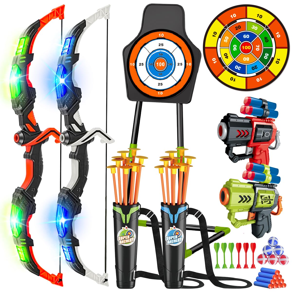 VATOS 2 Pack Bow And Arrow Toy With LED Light-4 In 1 Archery & Dart Game Set With 20 Suction Cup Arrows, Shark Glow Target & Dart Board - Indoor Outdoor Birthday Gift For Kids Boys Girls Ages 5-12 — image 1