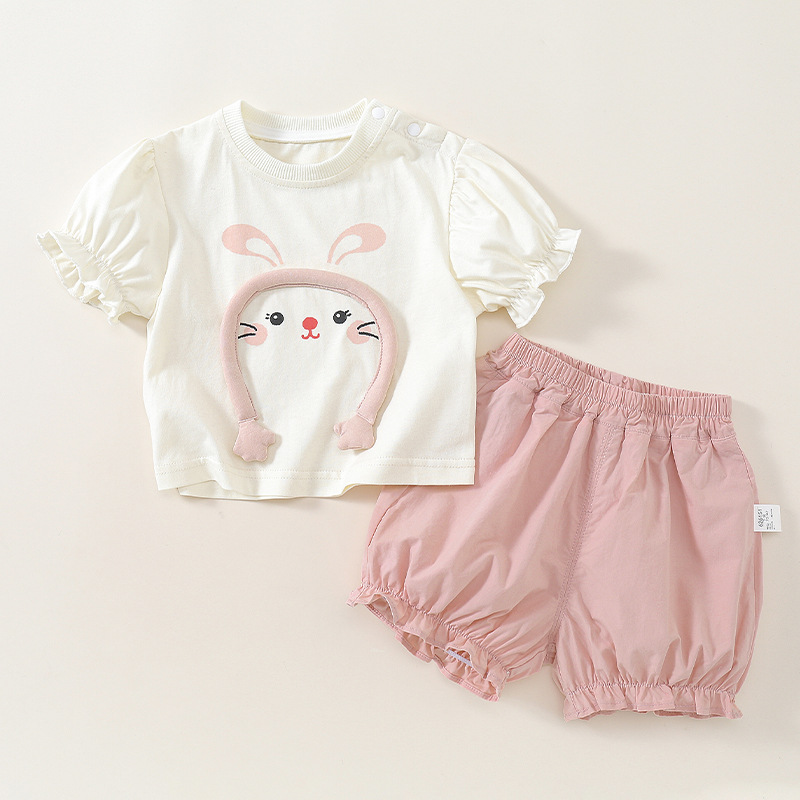 Cute Rabbit Cartoon Short Sleeve Two-Piece Set for Toddlers — image 3