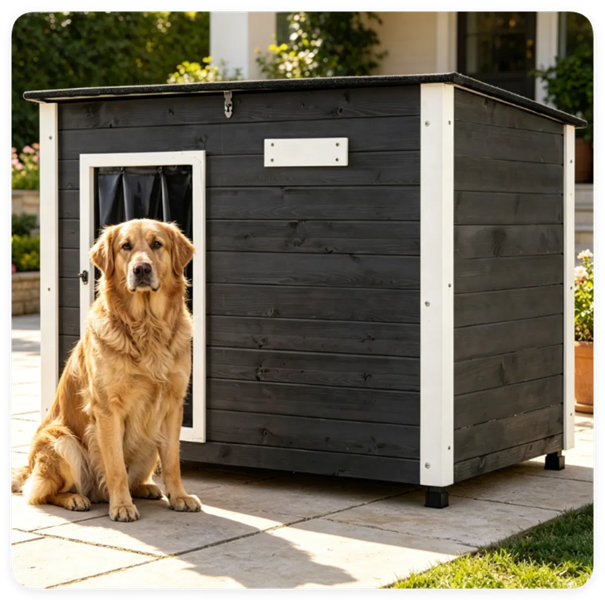 42.5" x 27" x 33.5" Outdoor Dog House with Sloped Asphalt Roof, Elevated Floor & Openable Roof Weatherproof Pet Kennel with PVC Door Curtain for Medium Large Dogs Gray — image 1