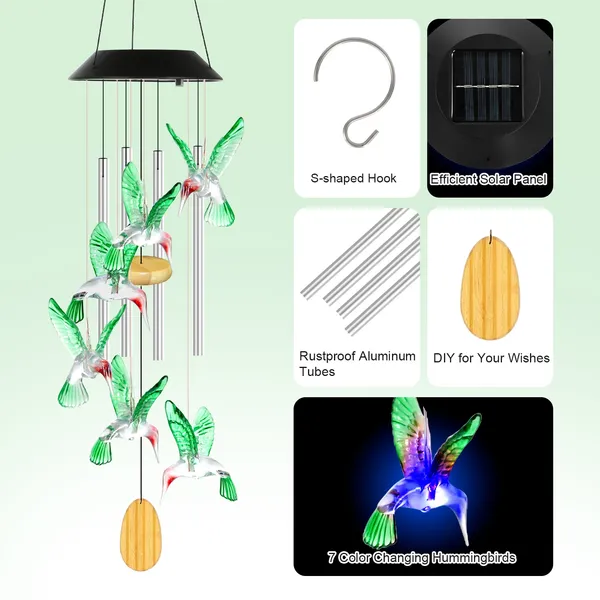 2Pcs Options - Solar Hummingbird Wind Chime With Aluminum Tubes 7 Color Changing Wind Chime For Outside IPX4 Waterproof Outdoor Garden Yard Decor — image 5