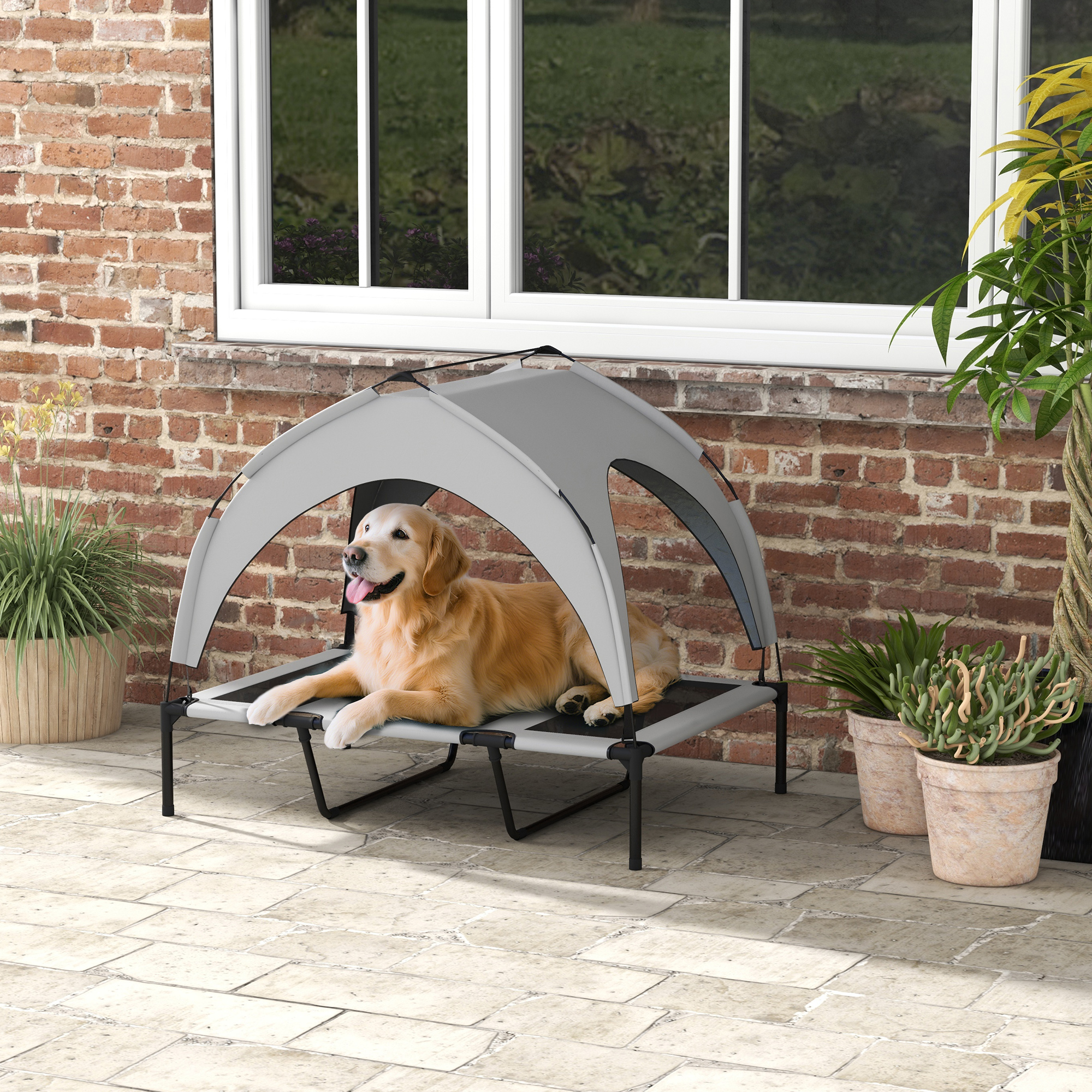 Cama para Perros Elevada con Techo de Plegaria, Cama Exterior para Mascotas con Malla Transpirable y Limpiable, 42" x 30" x 37" — imagen 1