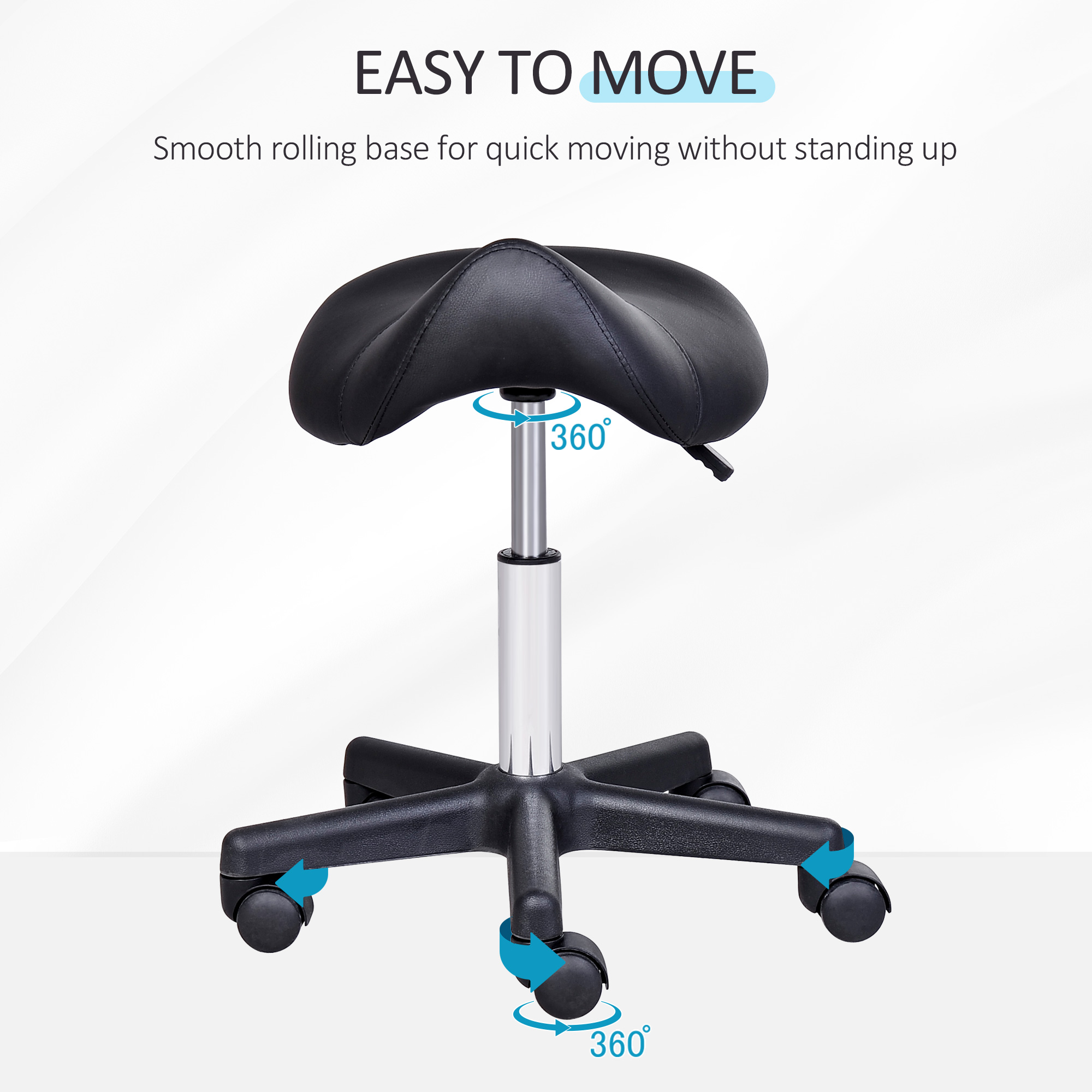 Rolling Saddle Stool, Swivel Salon Chair, Ergonomic Faux Leather Stool, Adjustable Height with Wheels for Spa, Salon, Massage, Office, Black — image 2