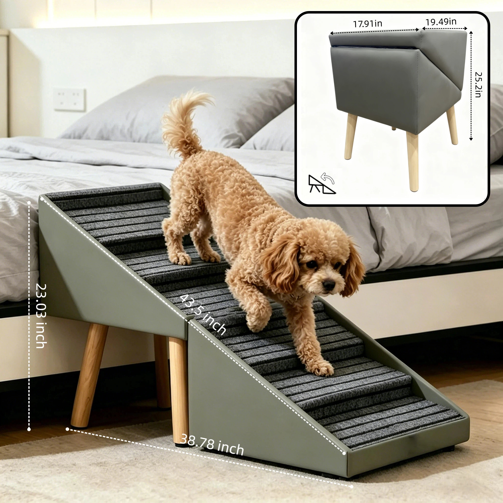 2-in-1 Dog Stairs for Bed and Couch 25.2" Foldable Dog ramp for Couch 6 Pet Steps & Ottoman for Small and Large Dogs, Grey — image 9