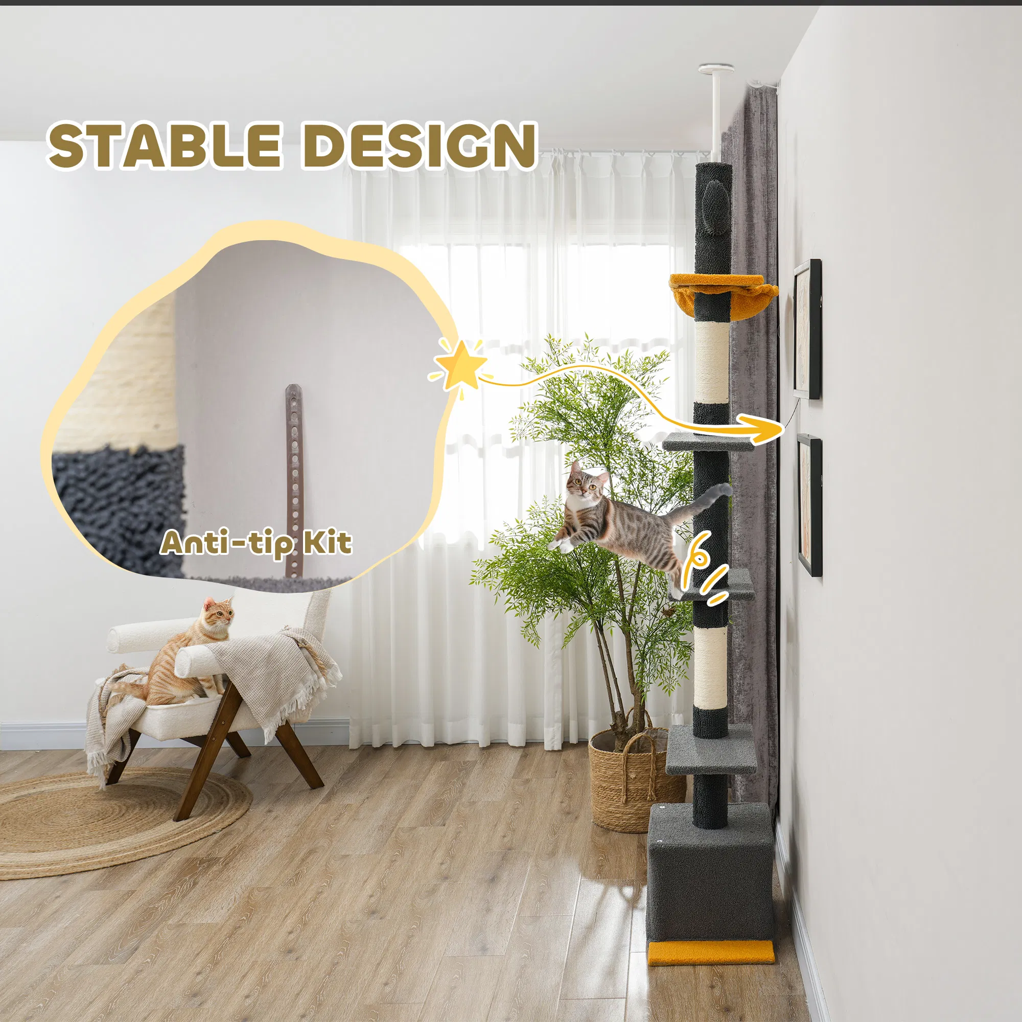 Floor to Ceiling Cat TreeTower with 90.5"-108" Adjustable Height, Scratching Posts, Hammock, Condo, Toy Ball, Dark Grey — image 2