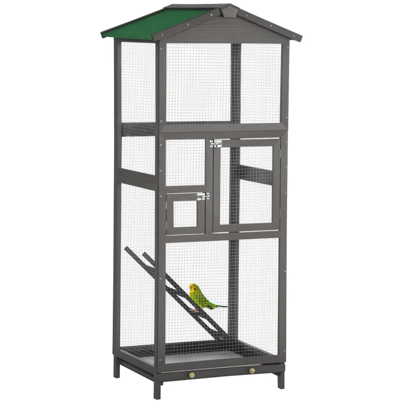 Wooden Bird Cage Outdoor Aviary House For Parrot, Parakeet, With Pull Out Tray And 2 Doors, Grey — imagen 6