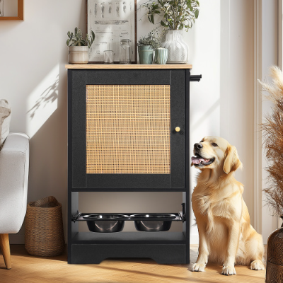 Estación de Alimentación con 1 Cajas de Almacenamiento, Estación para Mascotas con 2 Tazas Elevadas para Perros, Broches Lados, Kit Anti-derrumbe, Estación Oculta para Alimentar y Rellenar Agua, Negro — imagen 1