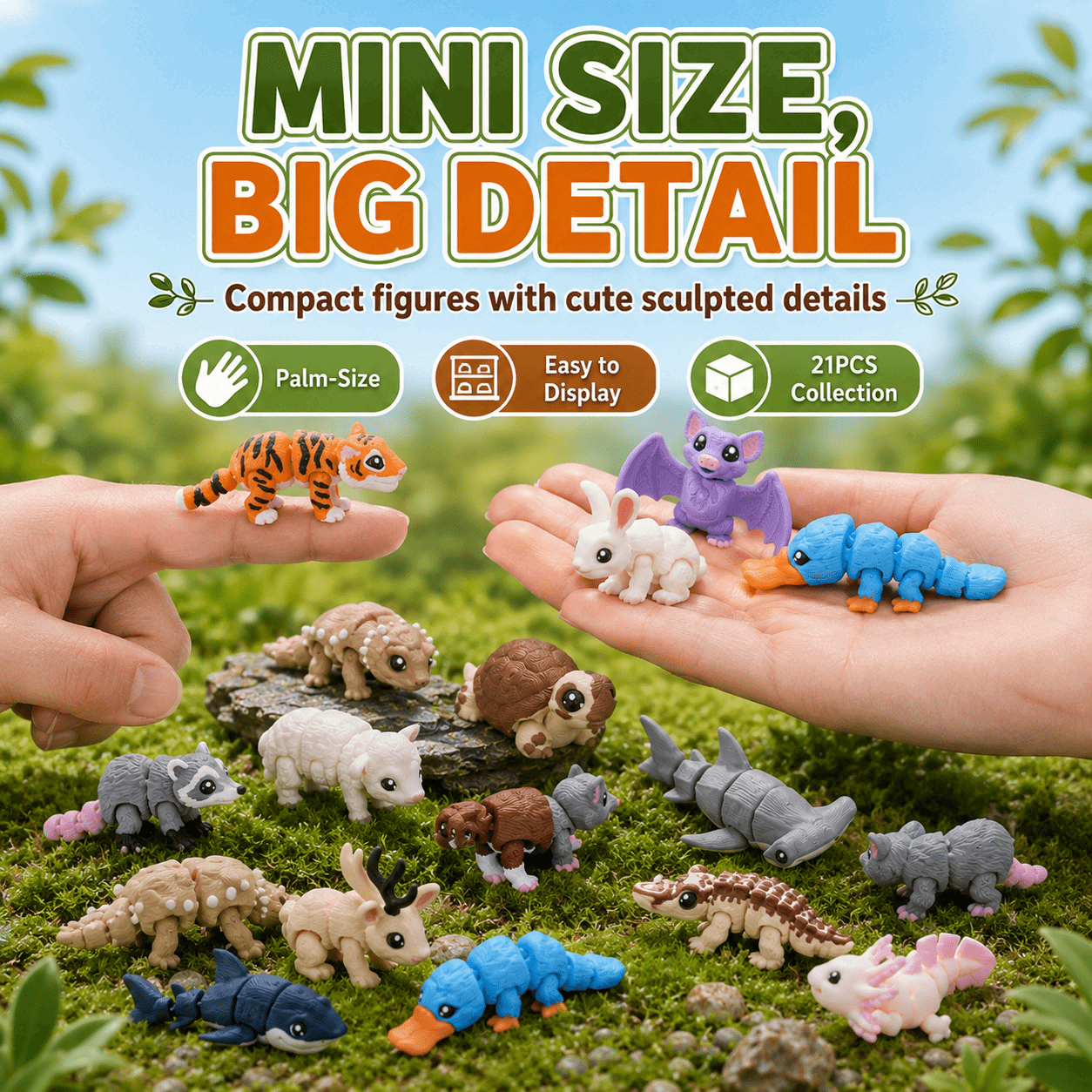 21PCS 3D Printed Mini Animal Figurine Set, Articulated Mixed Animal Figures, Flexible Miniature Desk & Shelf Decorations — image 1