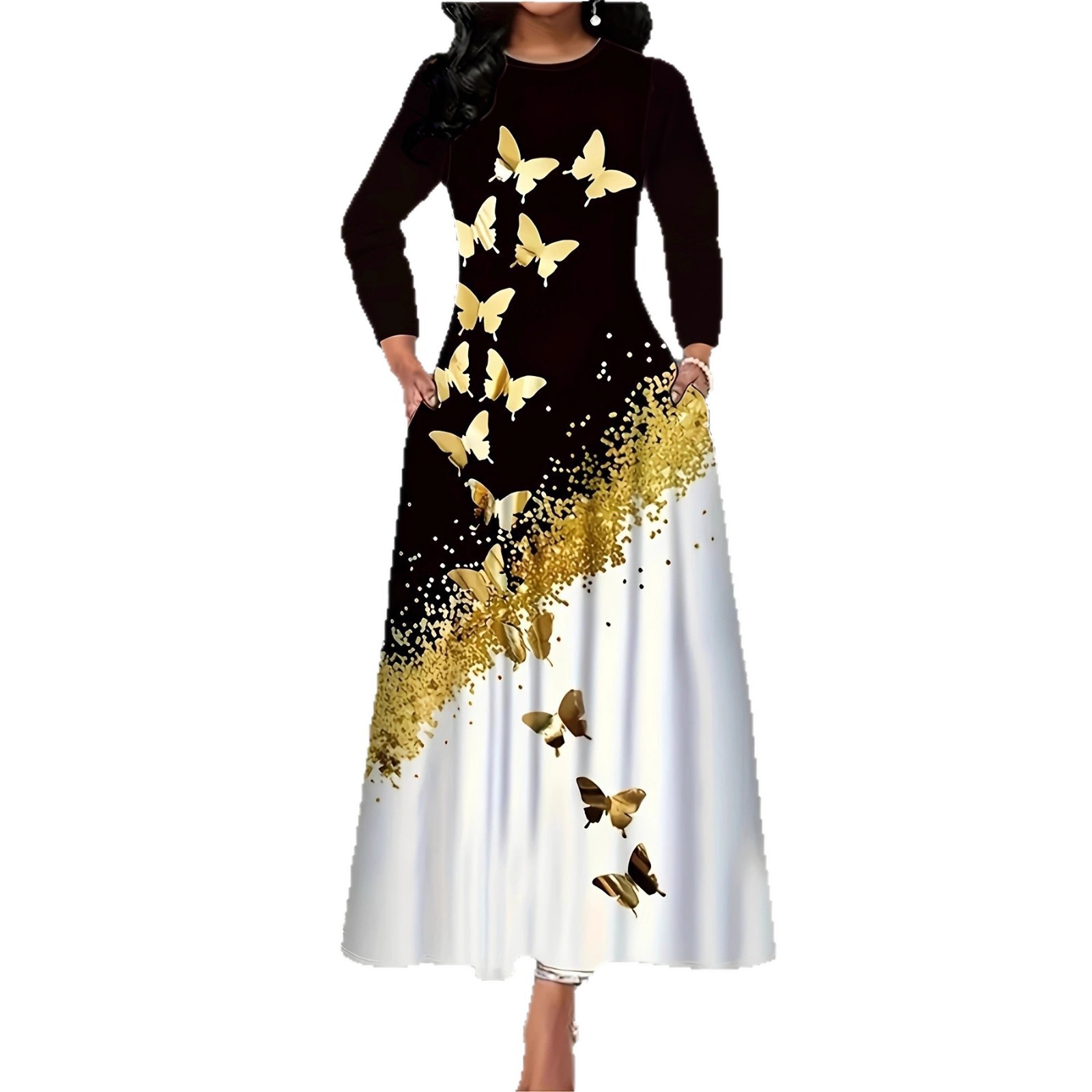 Vestido de Manga Larga con Estampado de Mariposa en Estilo Botón Redondo y Faldones Alineados con Cajas — imagen 6
