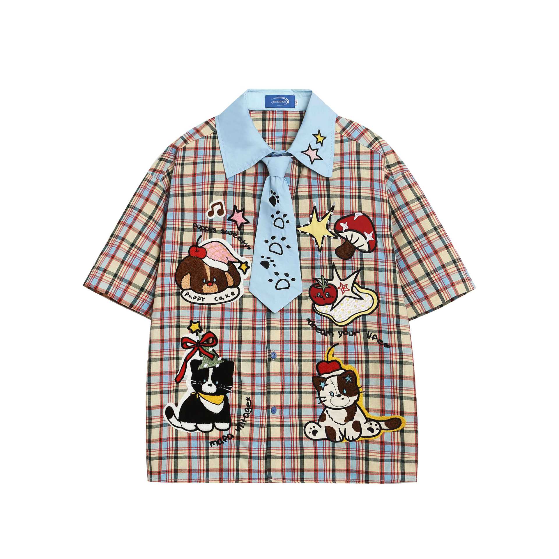 Cat embroidery plaid short sleeved shirt — image 4