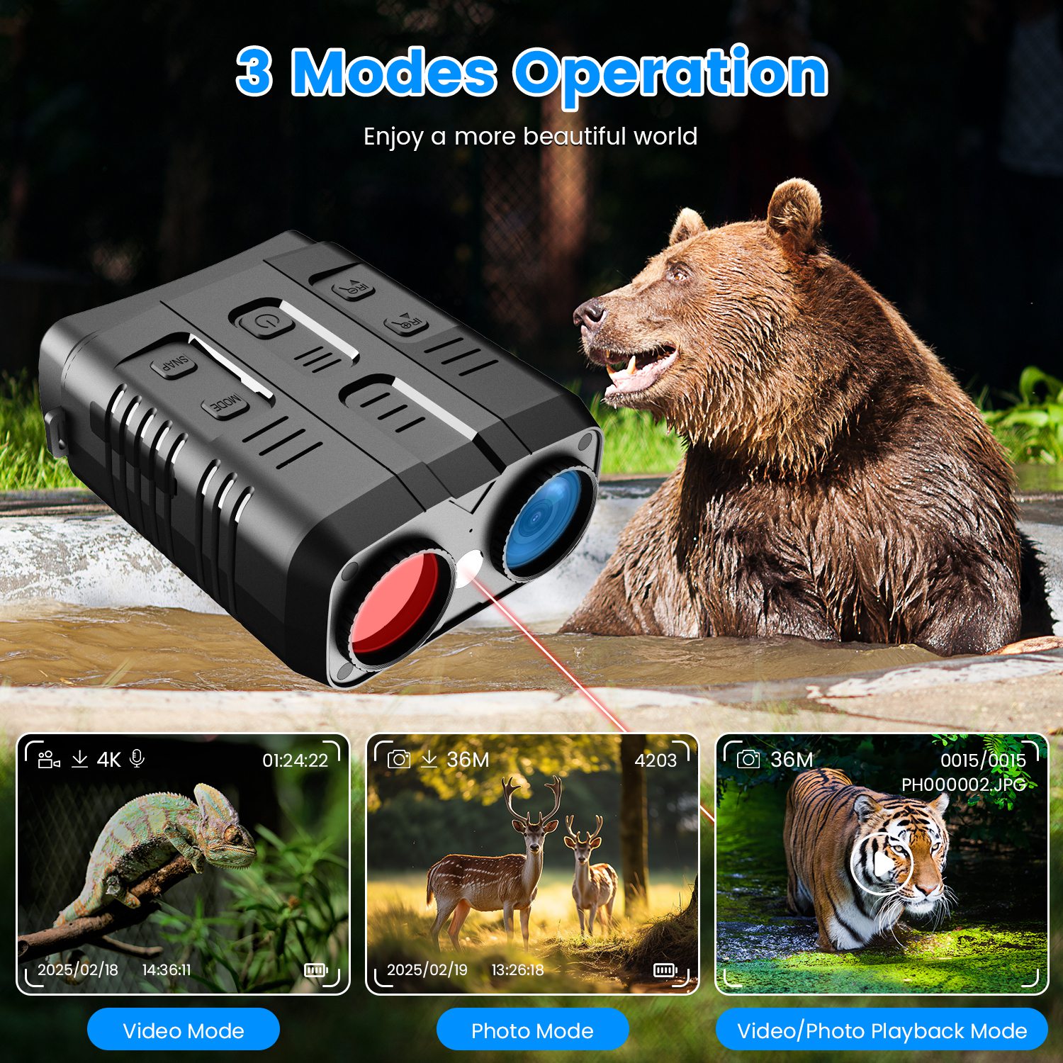 Gafas de Visión Nocturna 4K Binoculares a Todo Color con Zoom 10X, Alcance de Visión de 2624ft, Pantalla de 3in, Tarjeta MMC de 64G, Control por App WIFI, Guarda Fotos y Video, Ideal para Camping, Caza y Seguridad — imagen 8